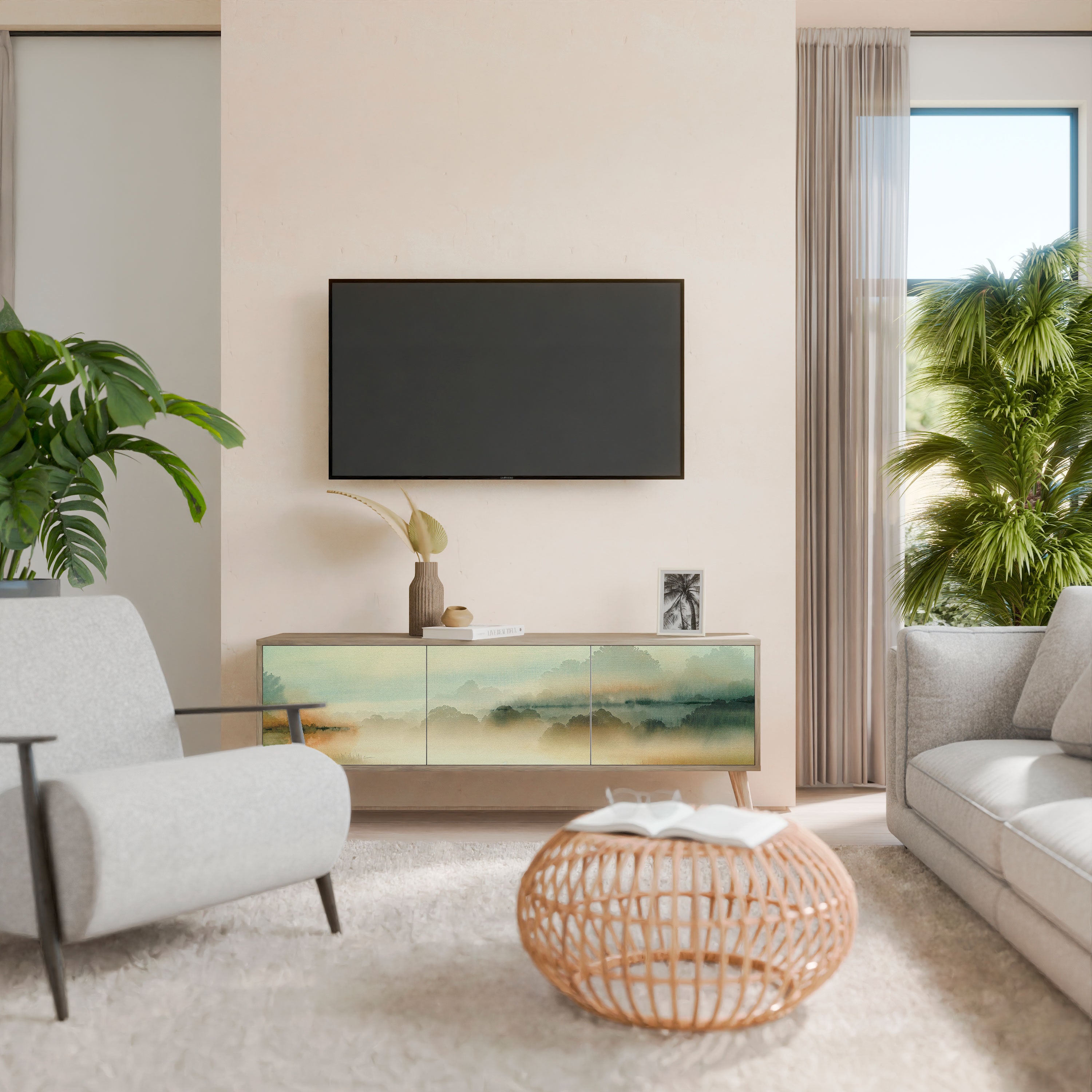 MORNING BY THE LAKE 3-Door TV Stand in Oak Effect