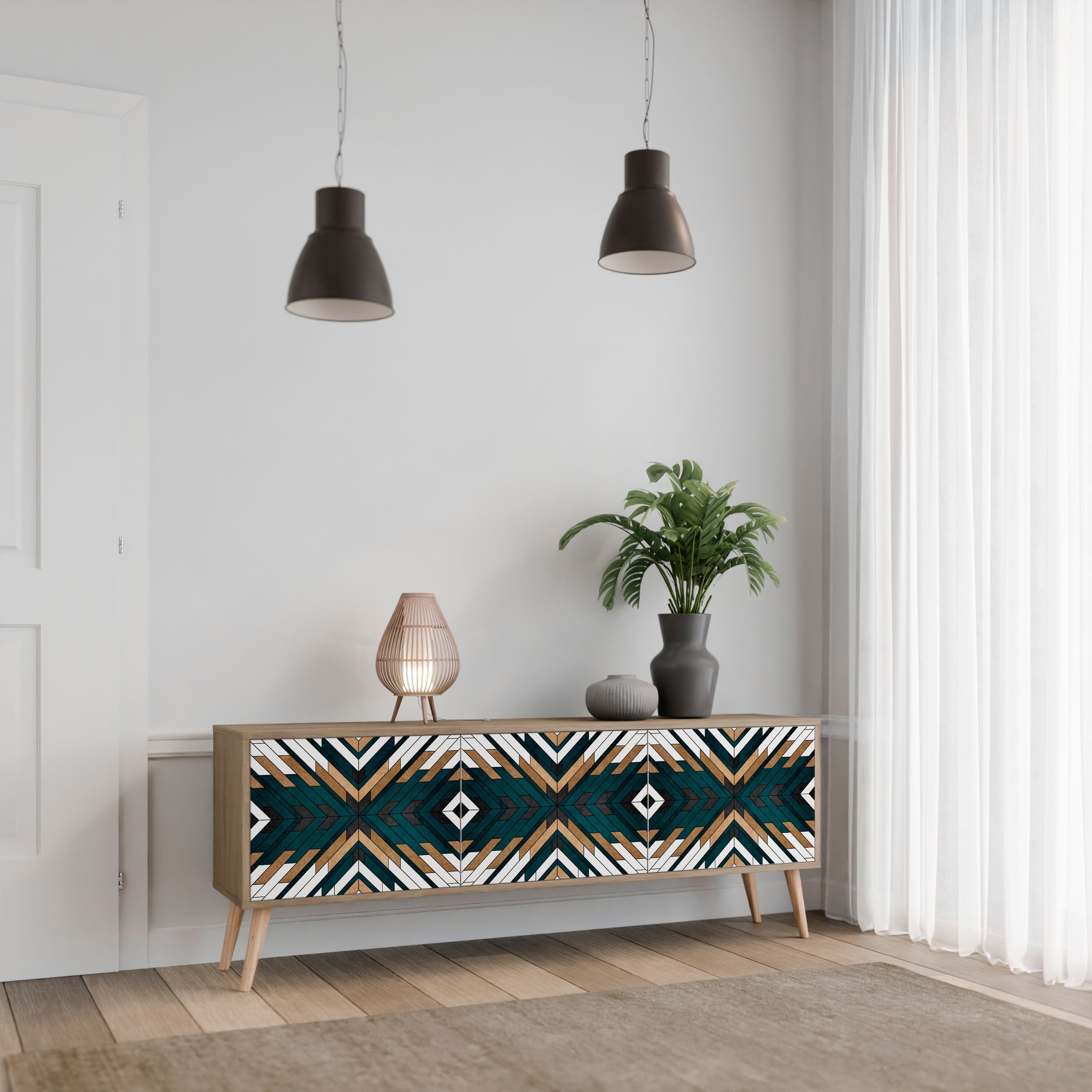 ARTISTIC GEOMETRY 3-Door TV Stand in Oak Effect