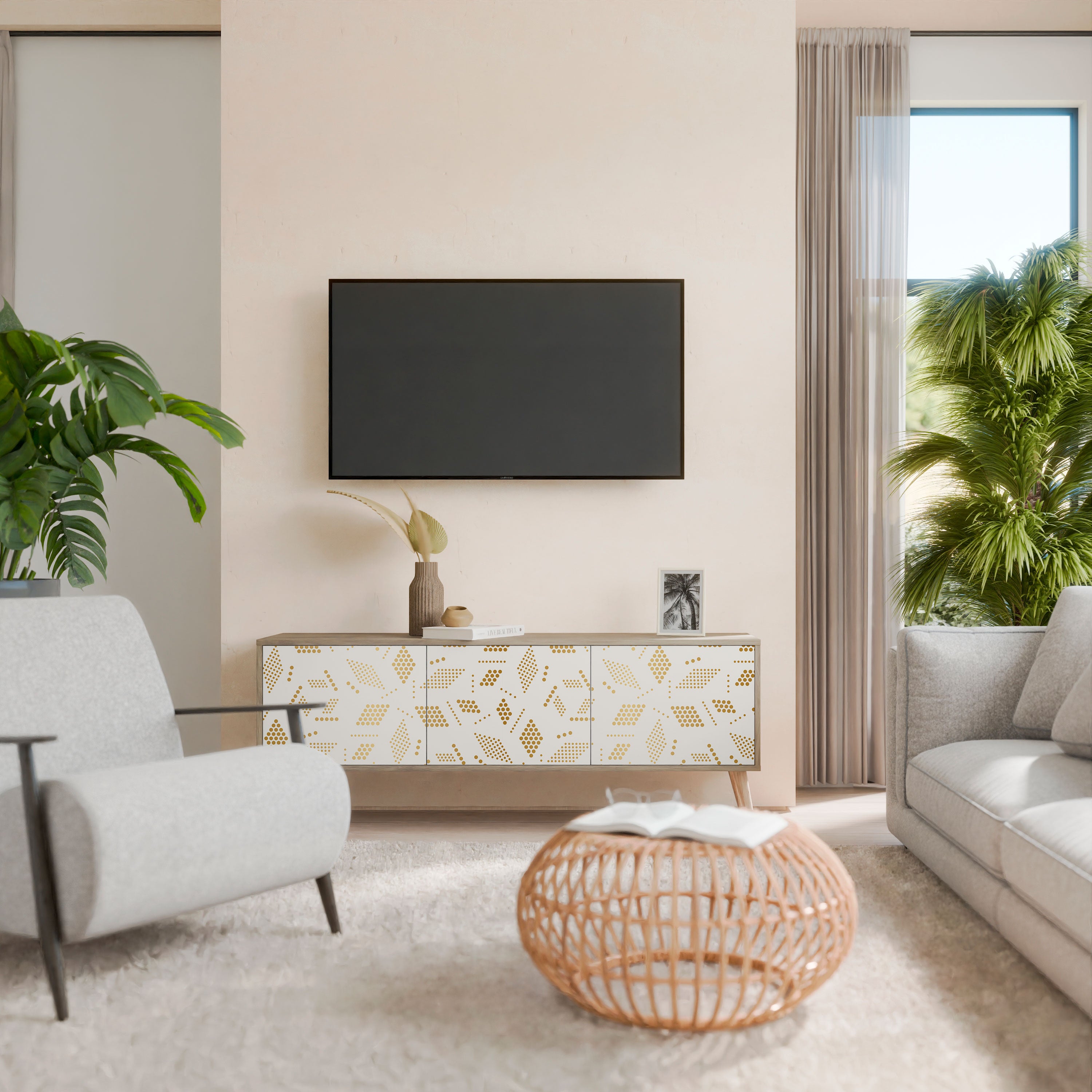 SPOTTED DAZE 3-Door TV Stand in Oak Effect