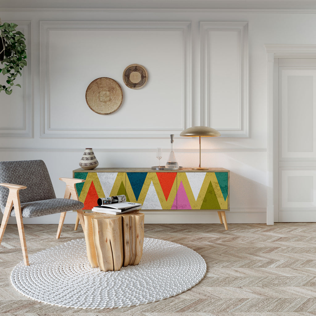 Mueble de TV de 3 puertas COLORFUL TRIANGLES con efecto roble