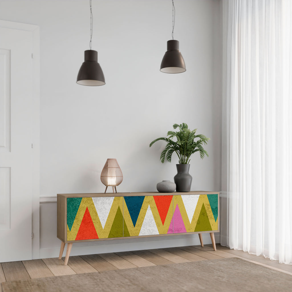 Mueble de TV de 3 puertas COLORFUL TRIANGLES con efecto roble
