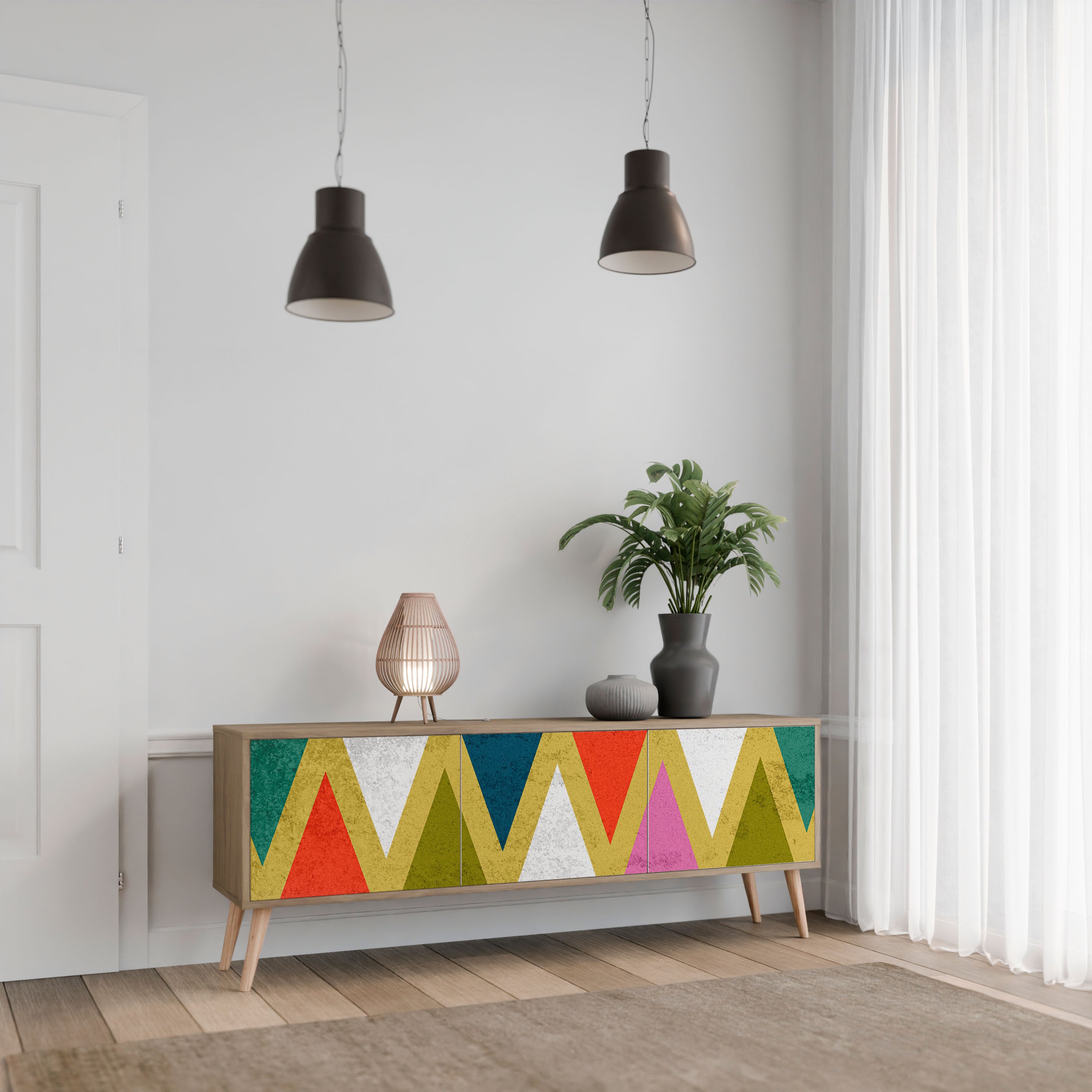 COLORFUL TRIANGLES 3-Door TV Stand in Oak Effect
