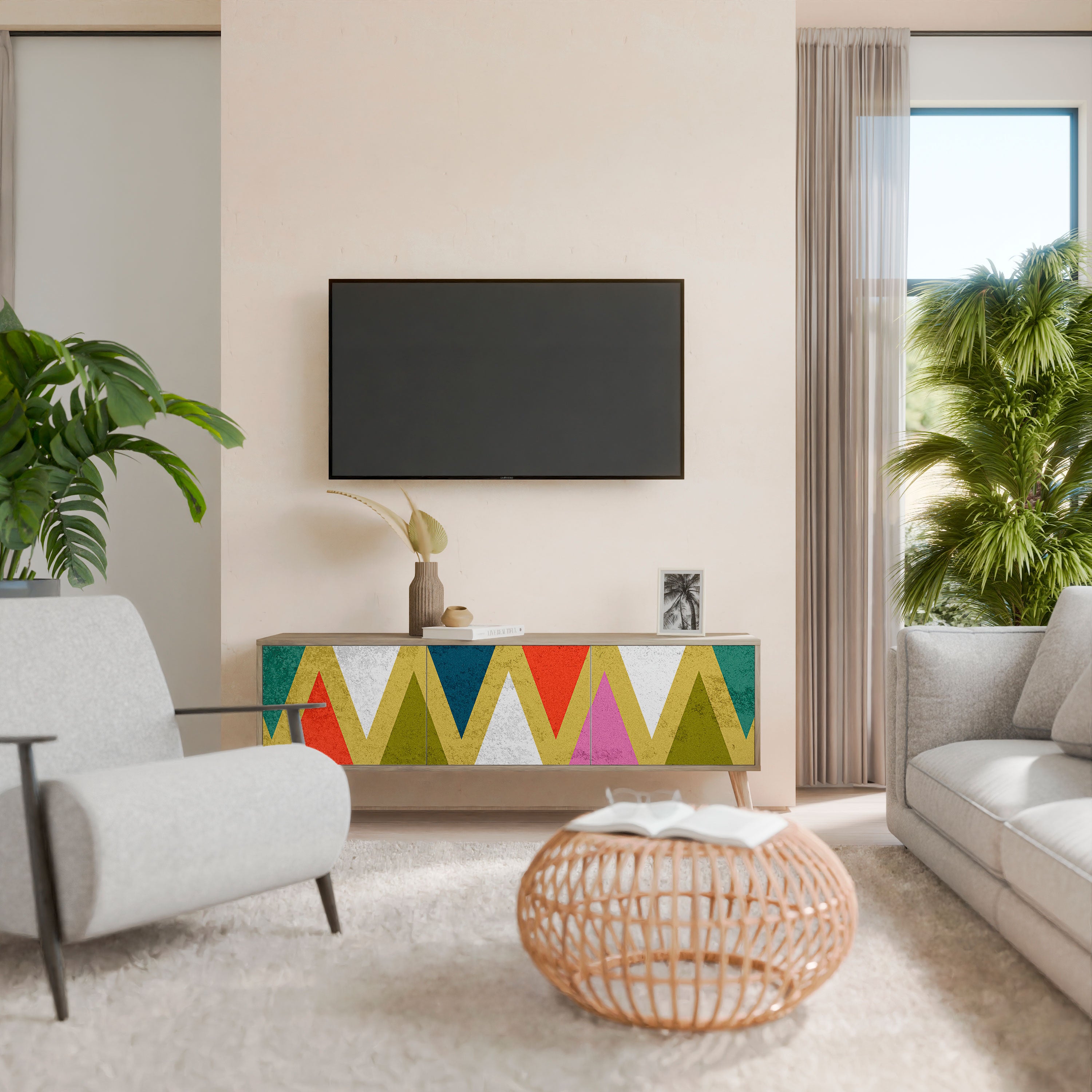 COLORFUL TRIANGLES 3-Door TV Stand in Oak Effect