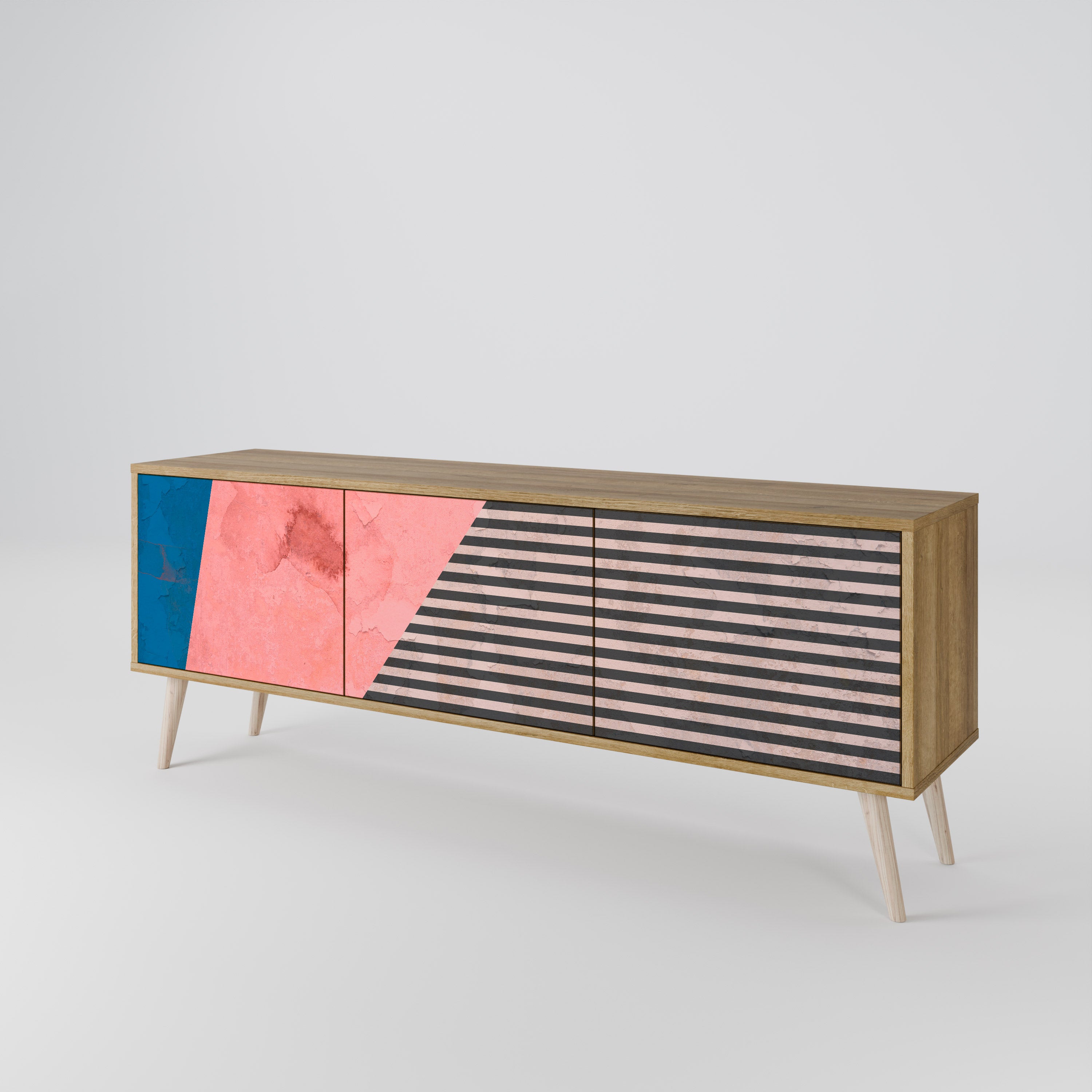 GLAMOROUS STRIPE 3-Door TV Stand in Oak Effect