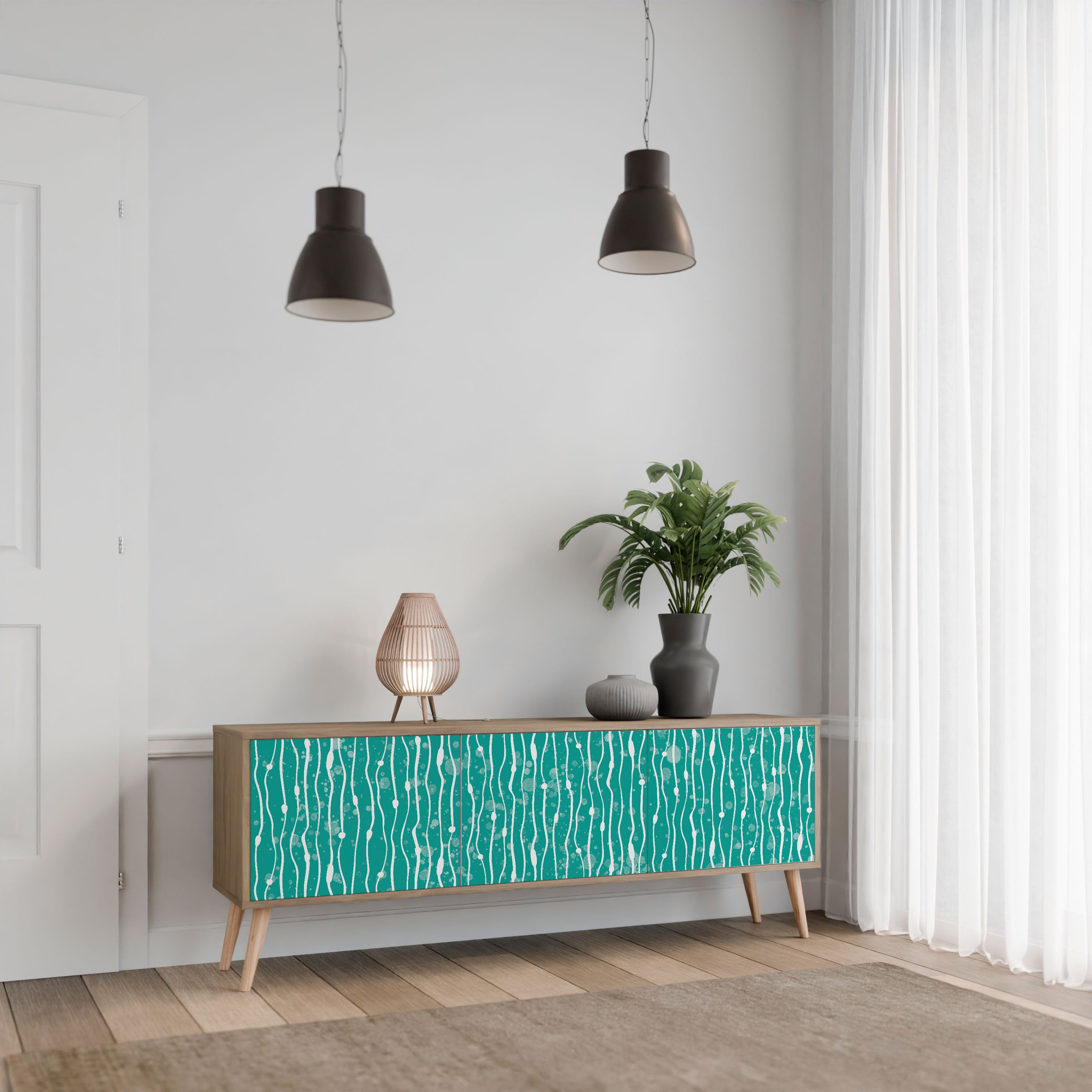 TURQUOISE RAIN 3-Door TV Stand in Oak Effect