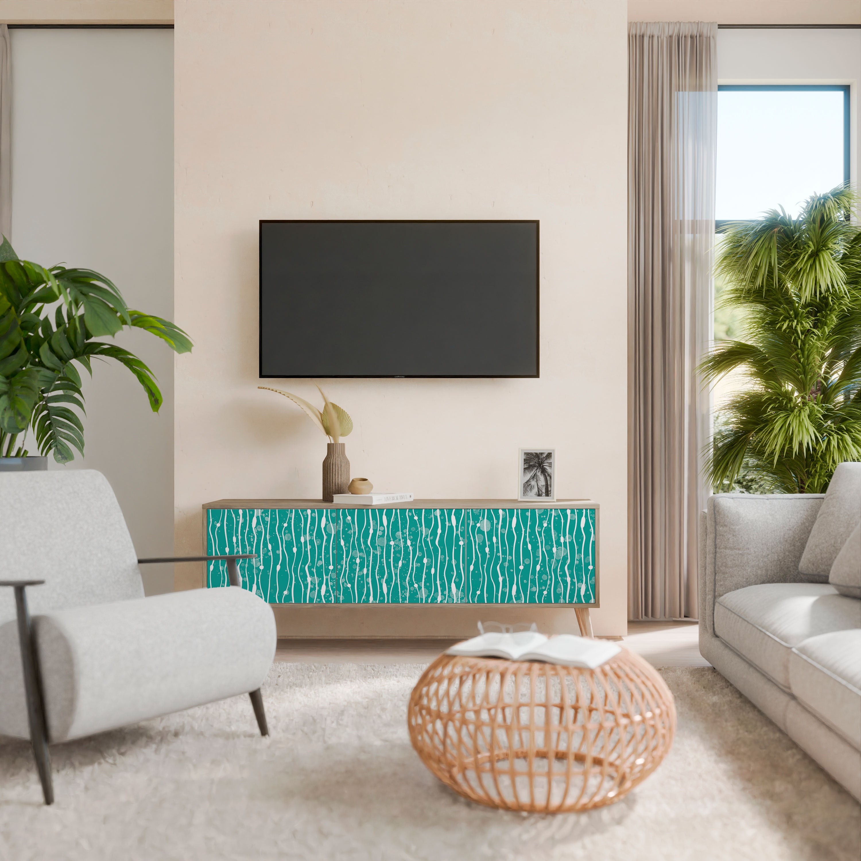 TURQUOISE RAIN 3-Door TV Stand in Oak Effect