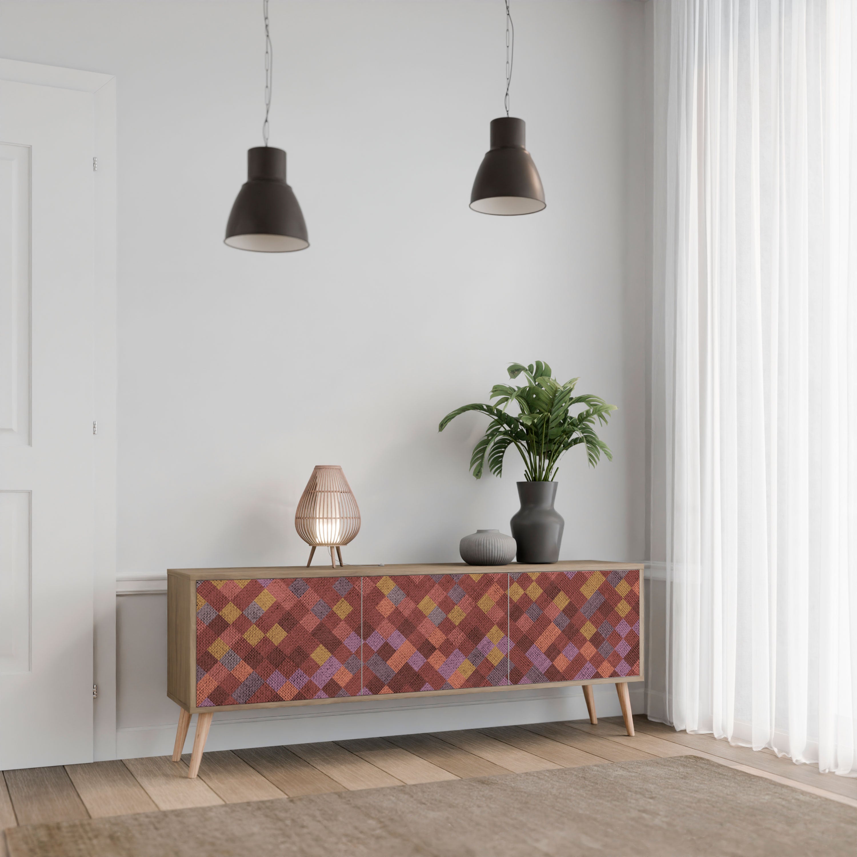 PAINTED SQUARES 3-Door TV Stand in Oak Effect