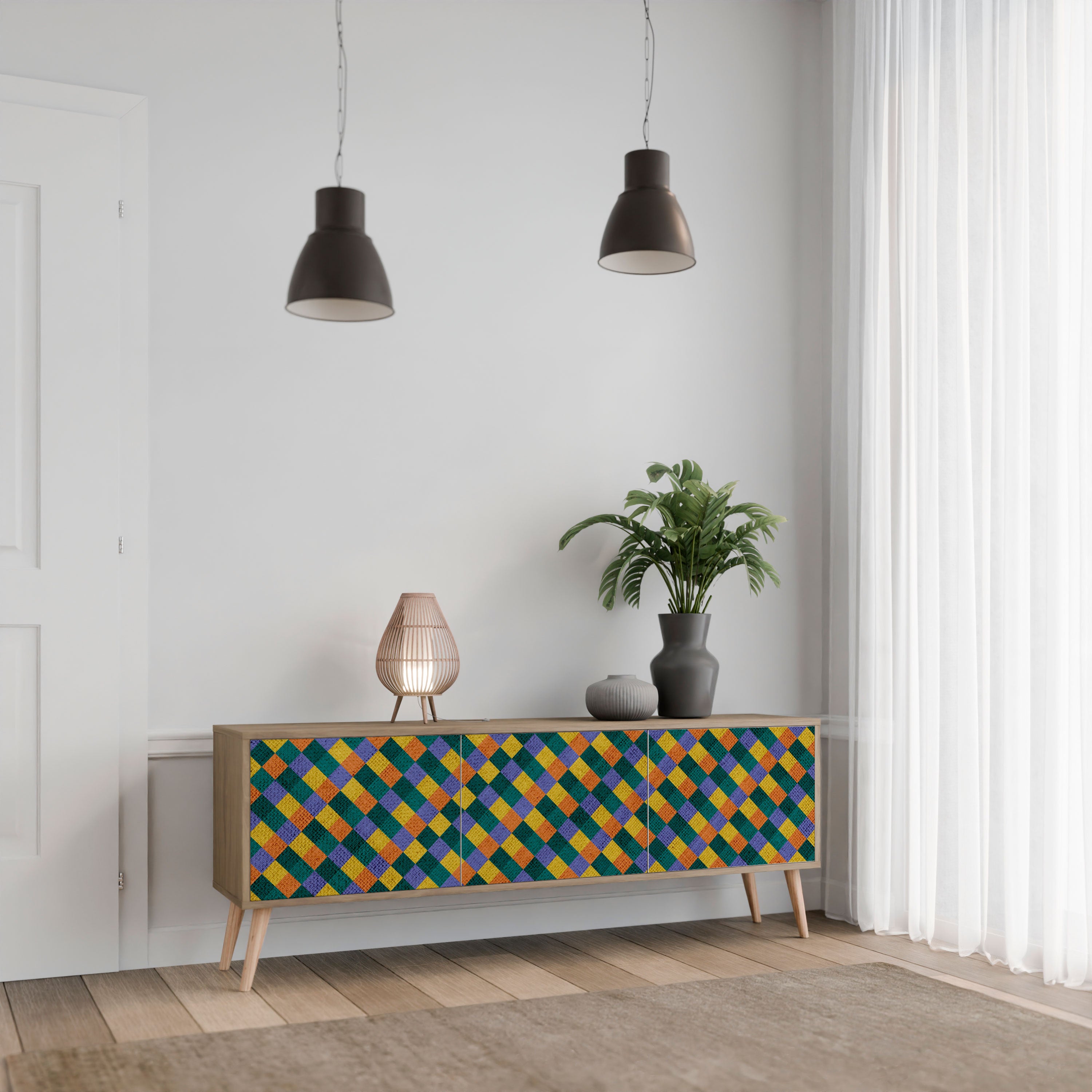 PAINTED SQUARES MIX 3-Door TV Stand in Oak Effect