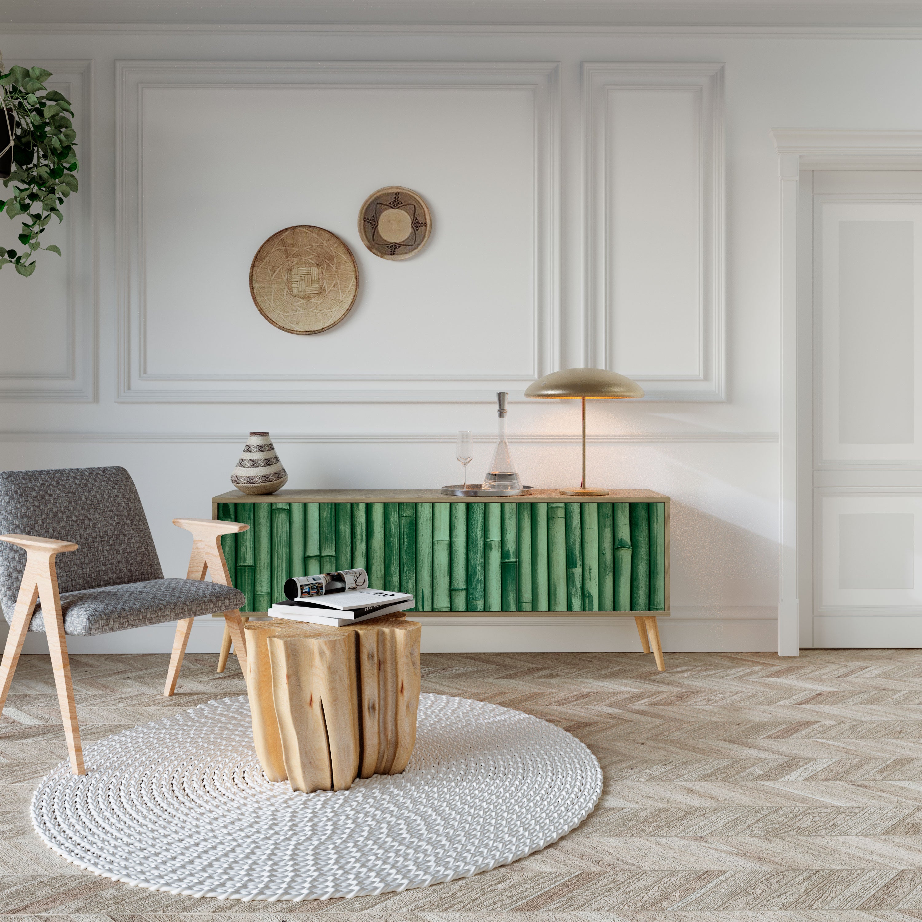 Mueble de TV de 3 puertas NATURAL GREEN con efecto roble