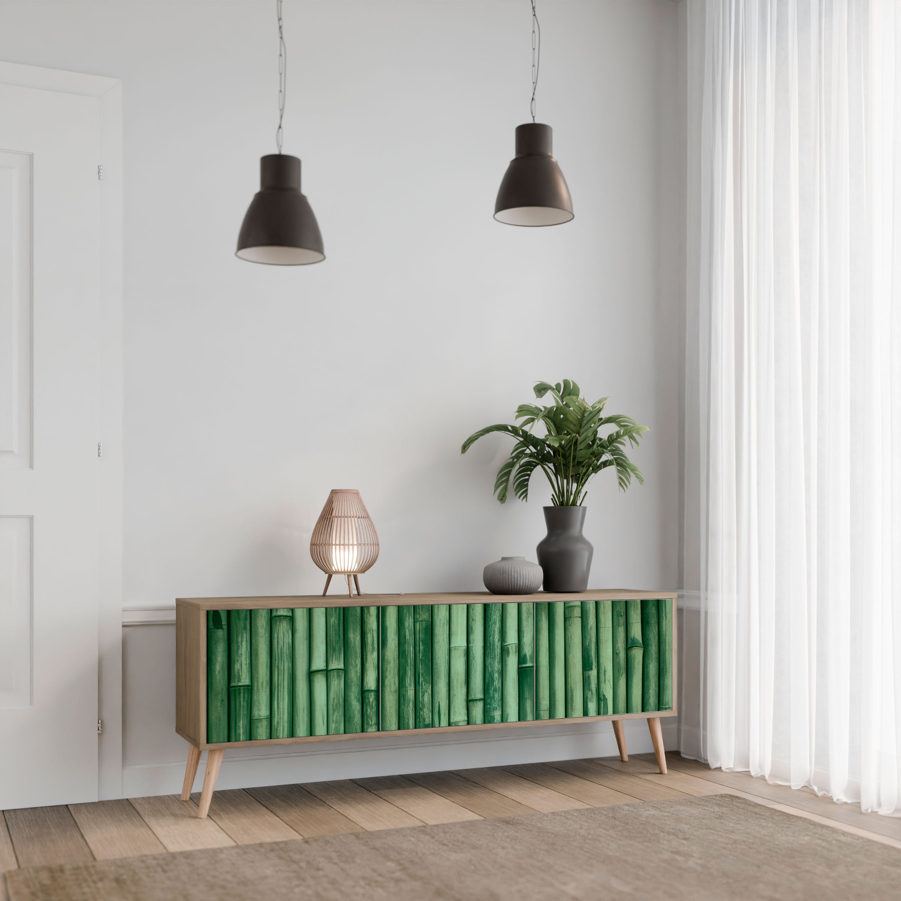 Mueble de TV de 3 puertas NATURAL GREEN con efecto roble