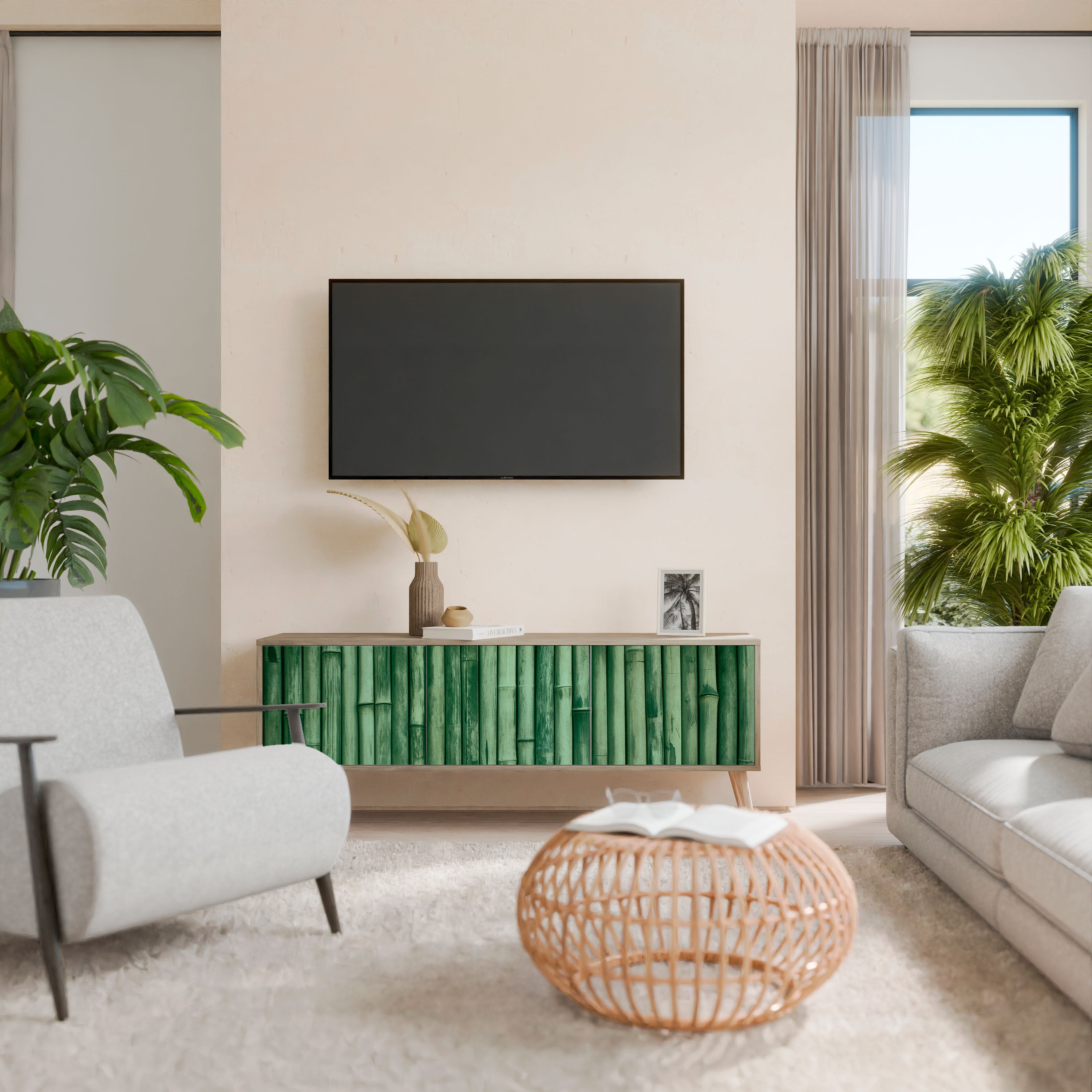 Mueble de TV de 3 puertas NATURAL GREEN con efecto roble