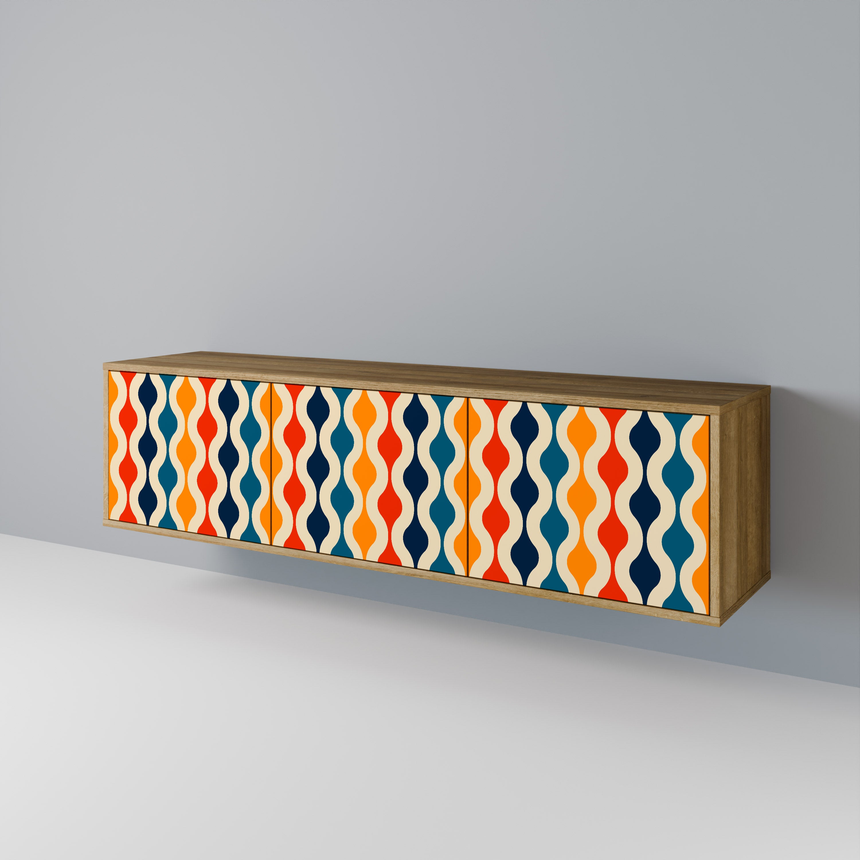 Mueble de TV de 3 puertas con efecto roble y NOSTALGIA COLORIDA