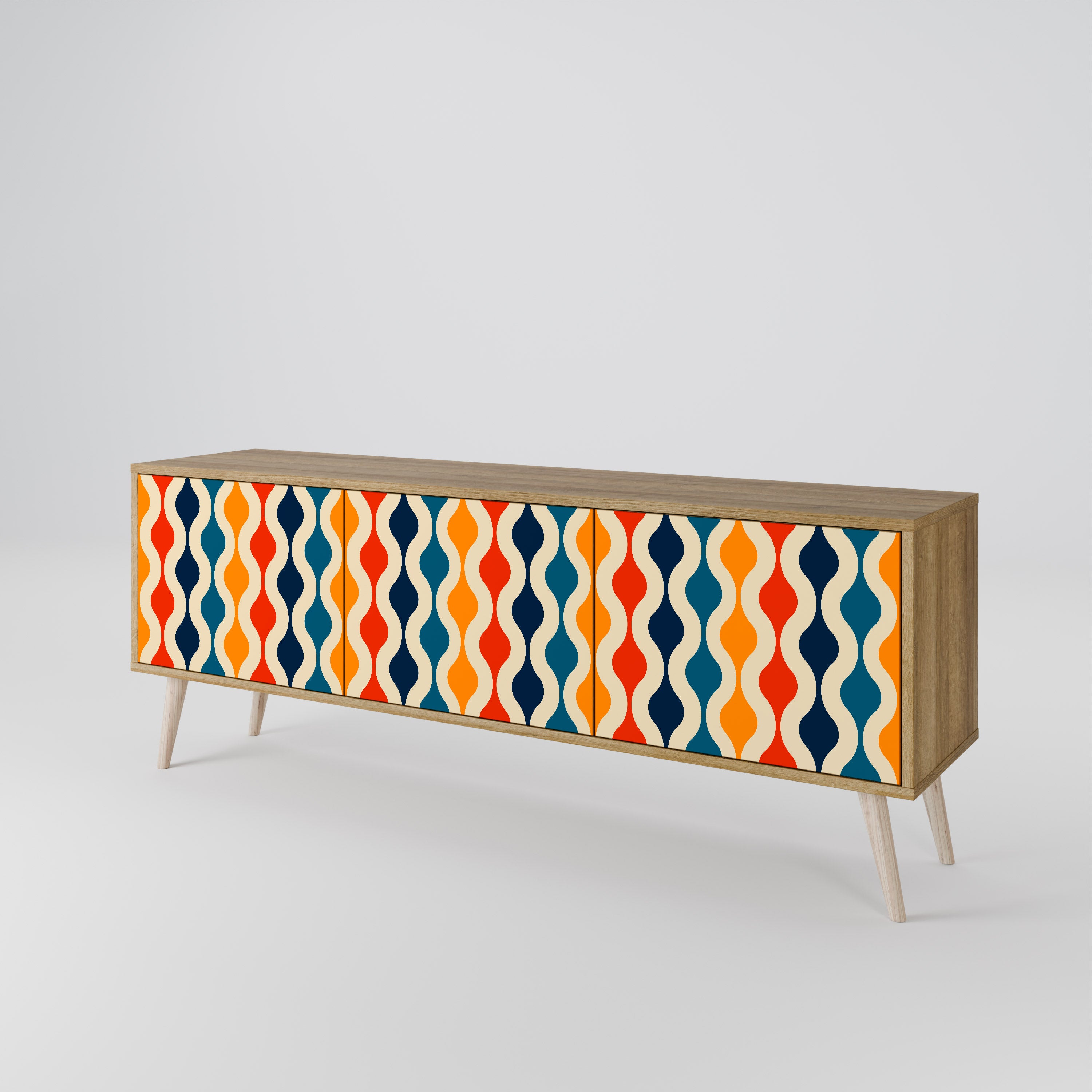 Mueble de TV de 3 puertas con efecto roble y NOSTALGIA COLORIDA