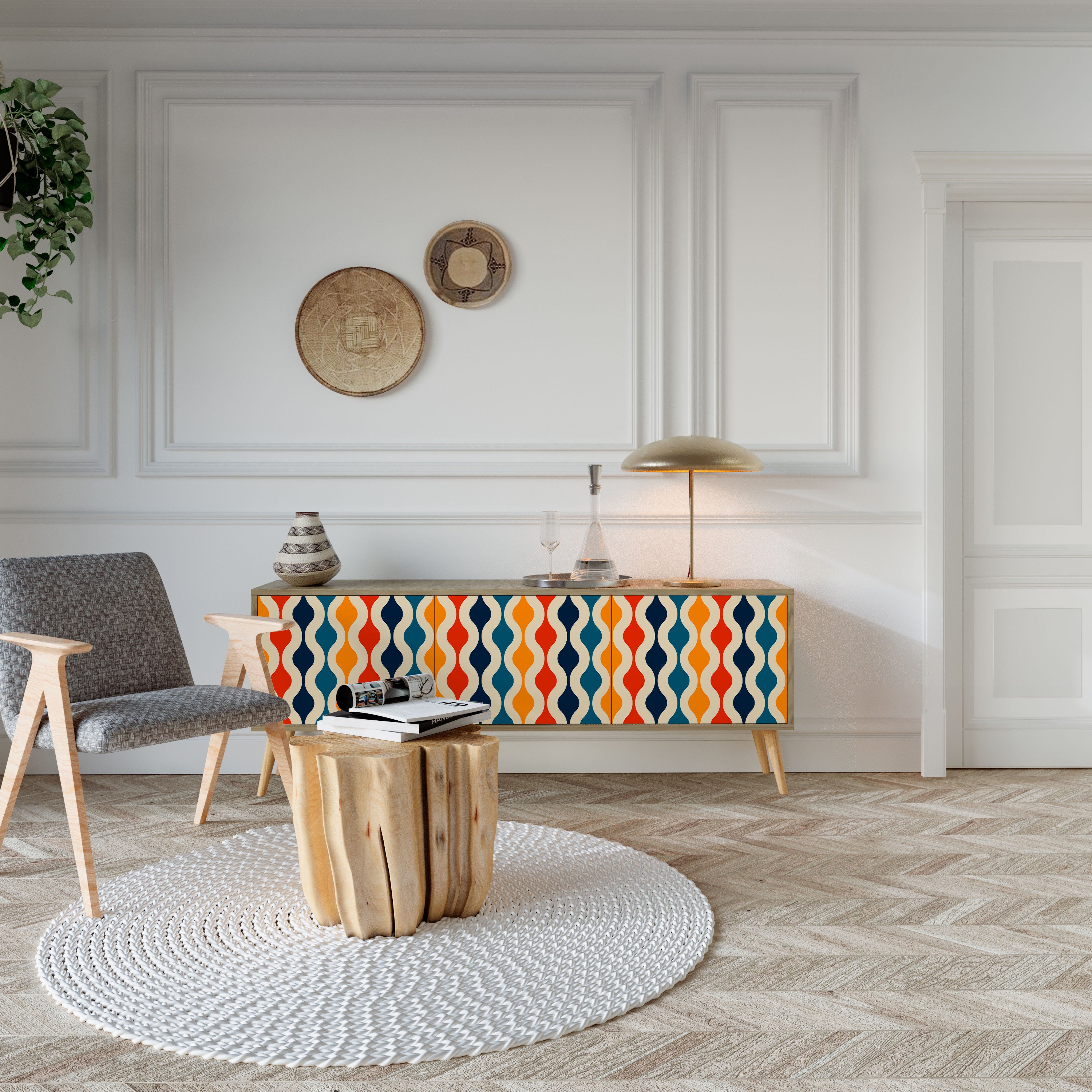 Mueble de TV de 3 puertas con efecto roble y NOSTALGIA COLORIDA