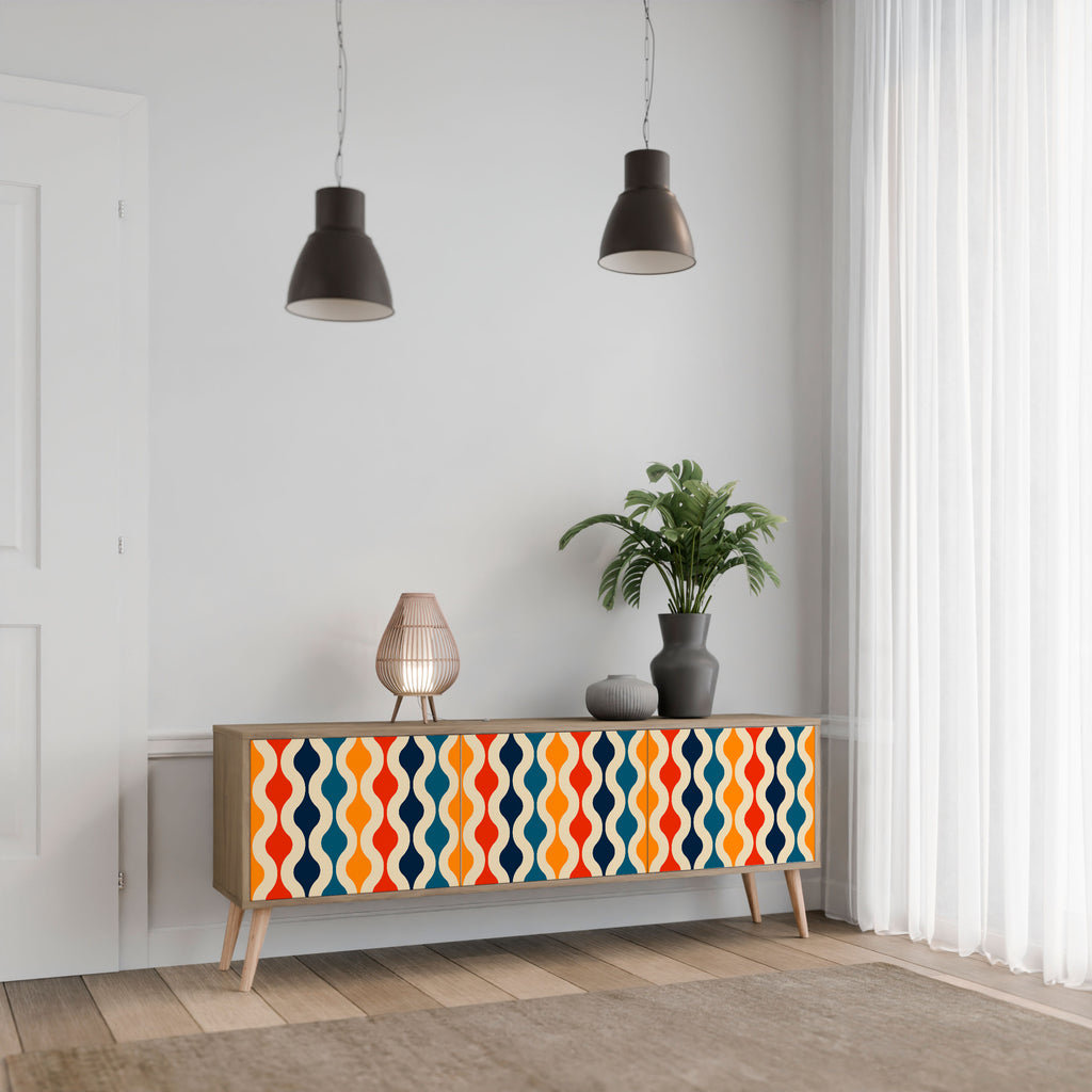 Mueble de TV de 3 puertas con efecto roble y NOSTALGIA COLORIDA