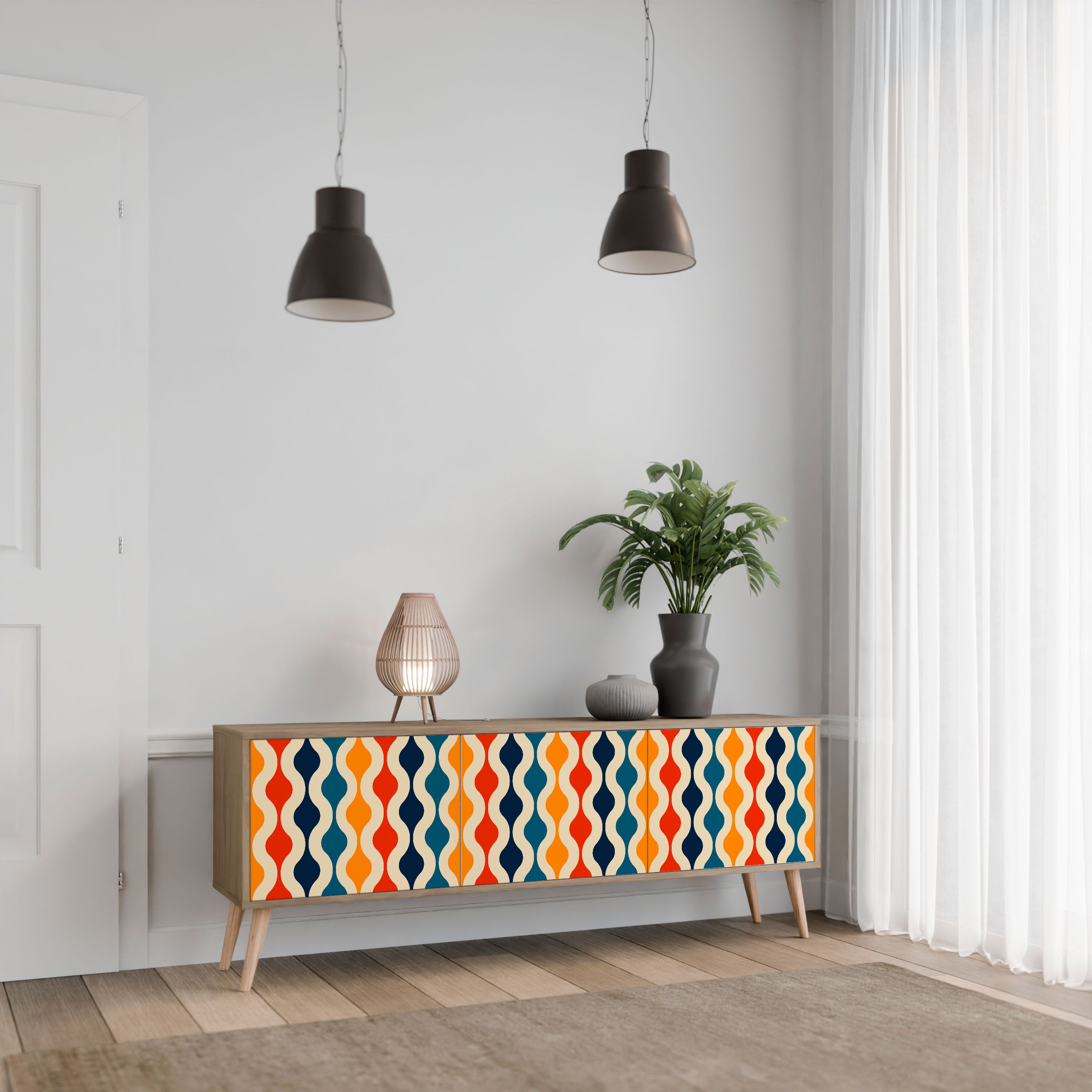 Mueble de TV de 3 puertas con efecto roble y NOSTALGIA COLORIDA
