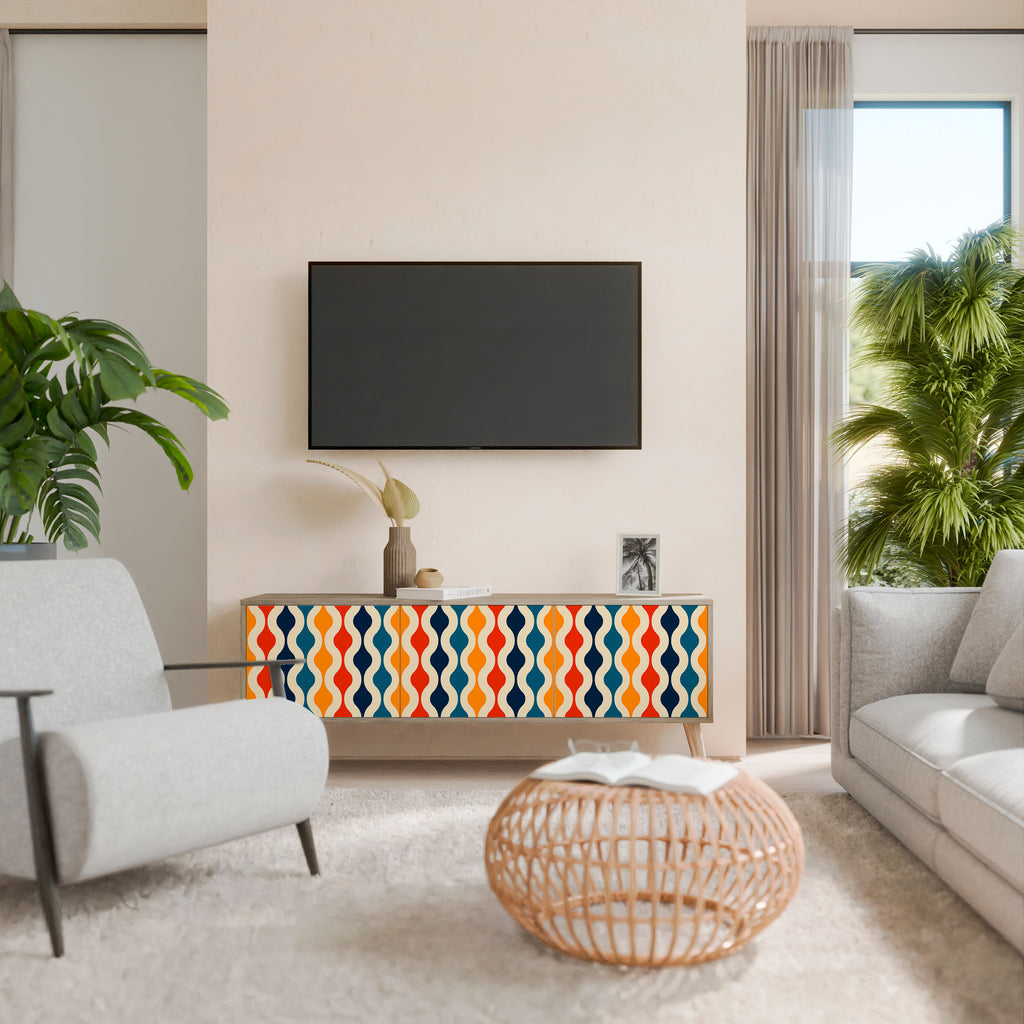 Mueble de TV de 3 puertas con efecto roble y NOSTALGIA COLORIDA