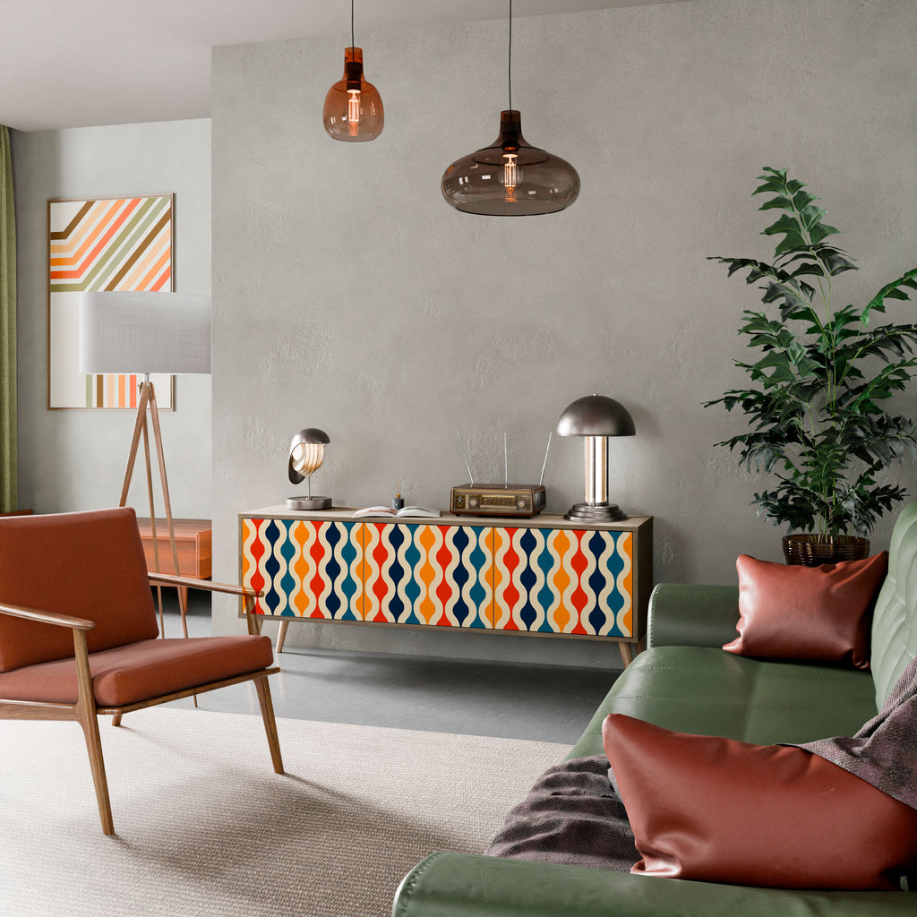 Mueble de TV de 3 puertas con efecto roble y NOSTALGIA COLORIDA