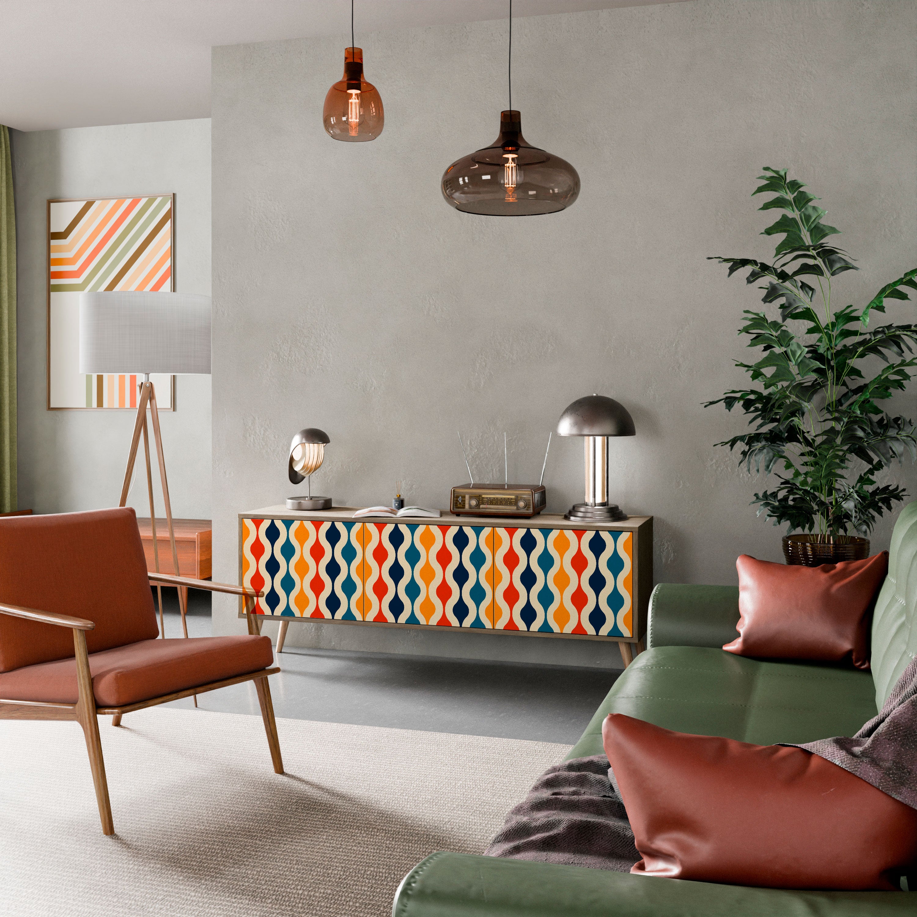 Mueble de TV de 3 puertas con efecto roble y NOSTALGIA COLORIDA