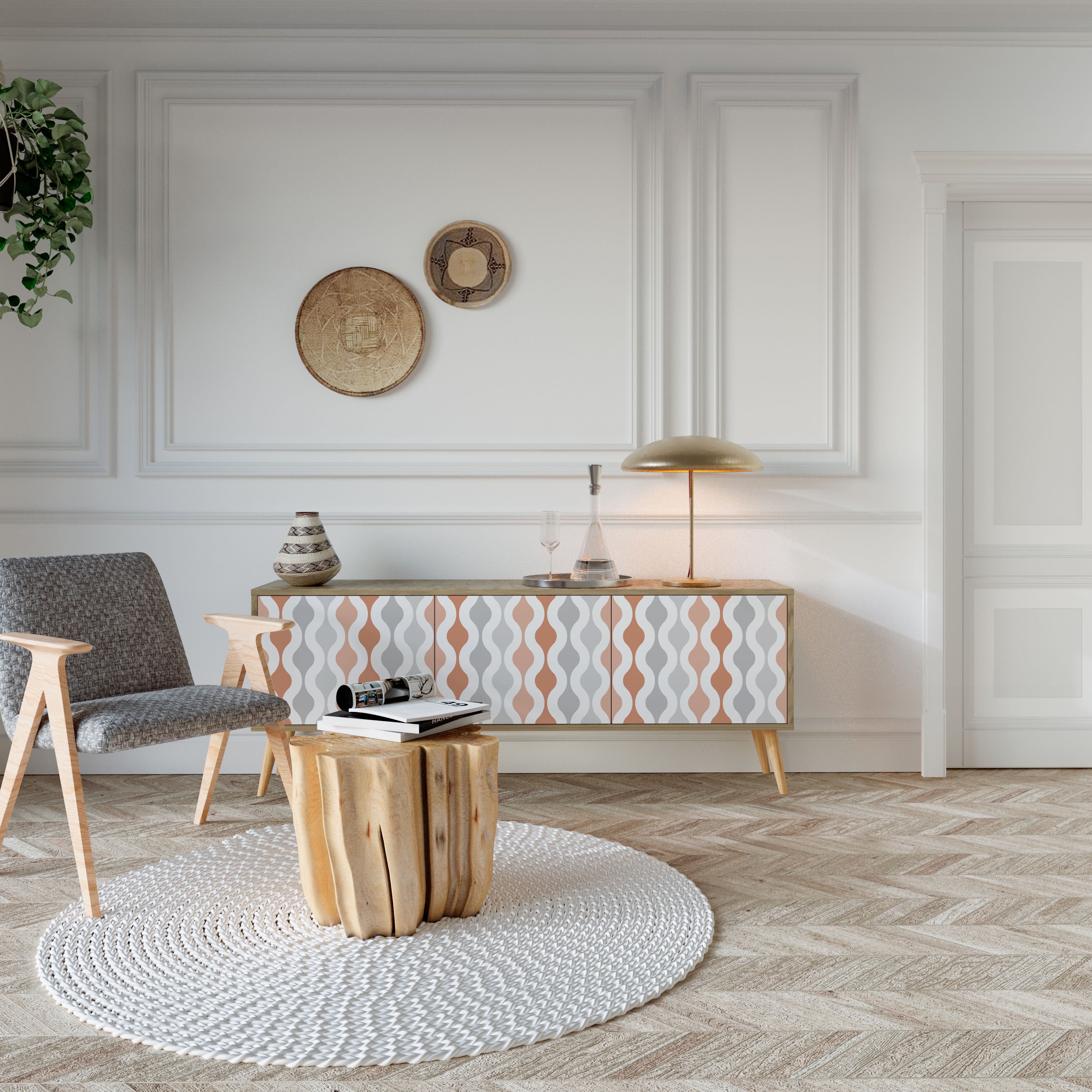 Mueble de TV de 3 puertas HAZY NOSTALGIA con efecto roble