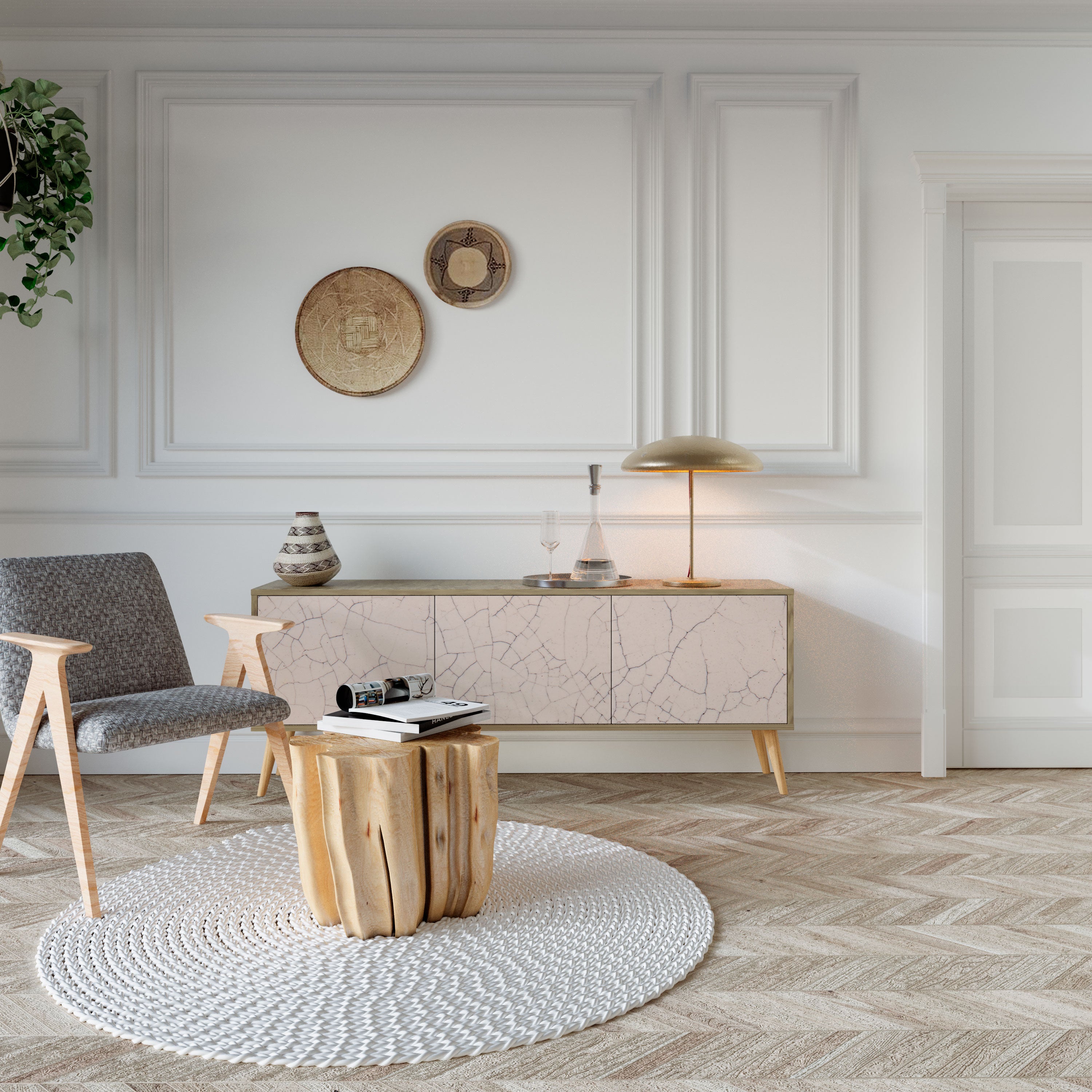 Mueble de TV de 3 puertas con textura cerámica efecto roble