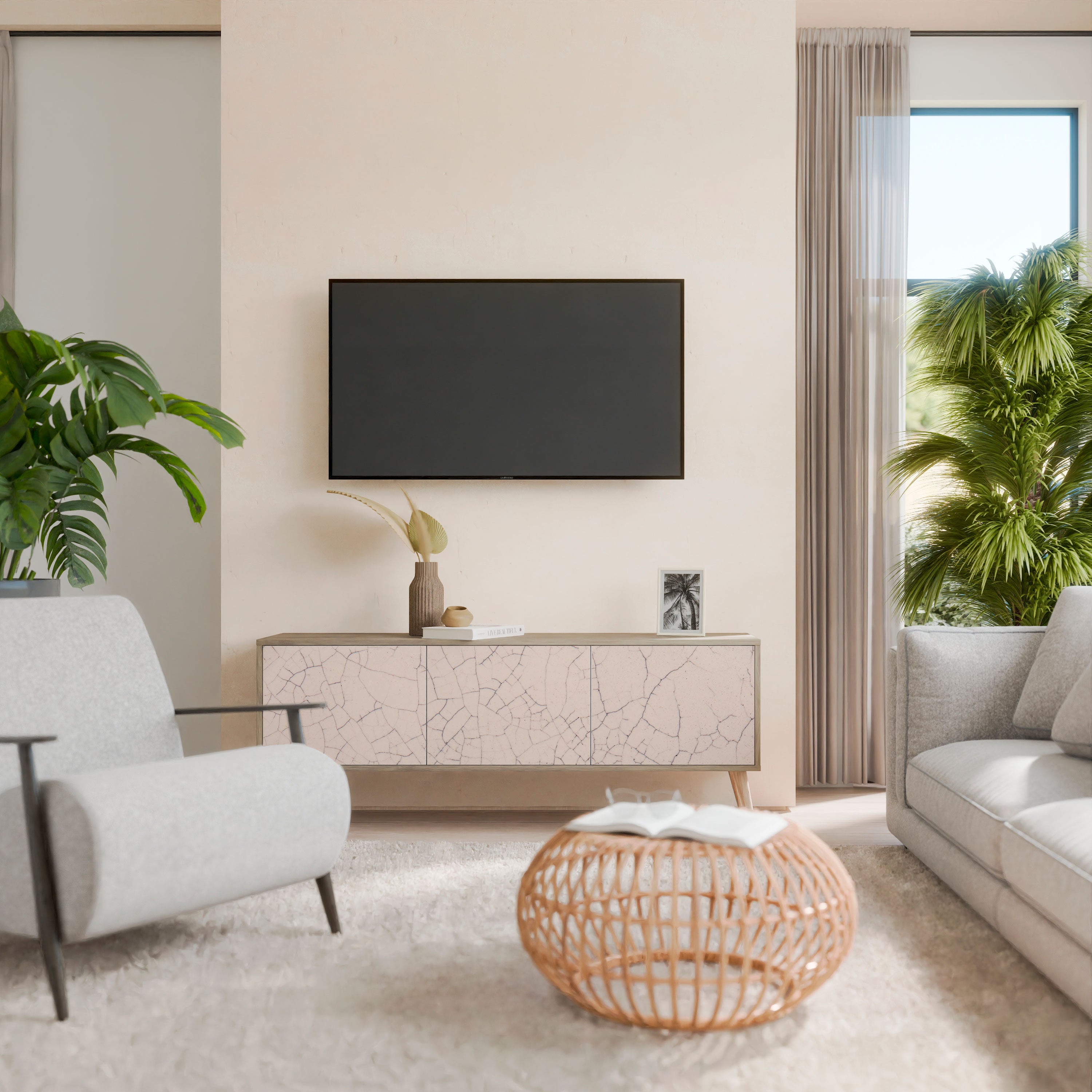 Mueble de TV de 3 puertas con textura cerámica efecto roble