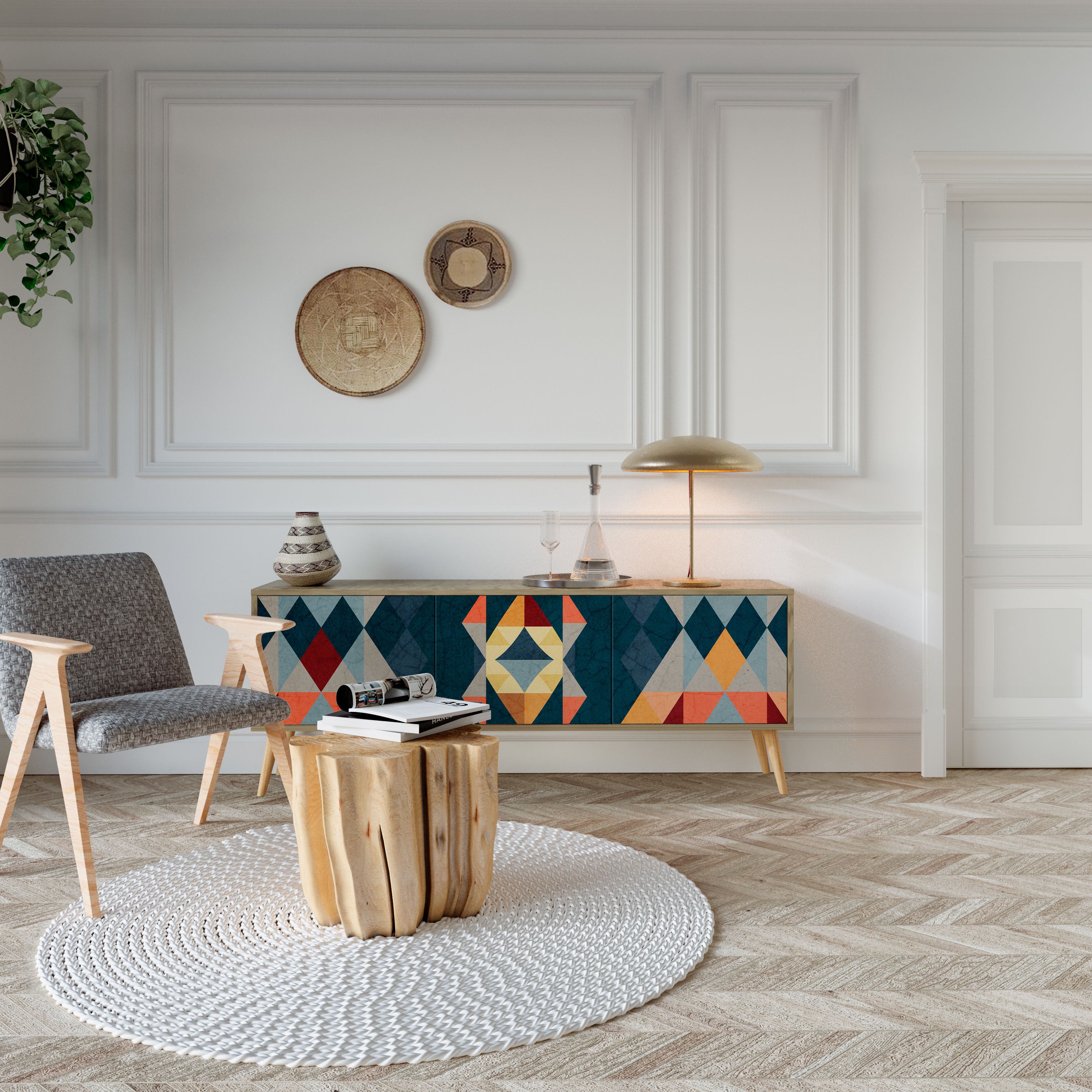 Mueble de TV de 3 puertas CRACKED ILLUSION con efecto roble