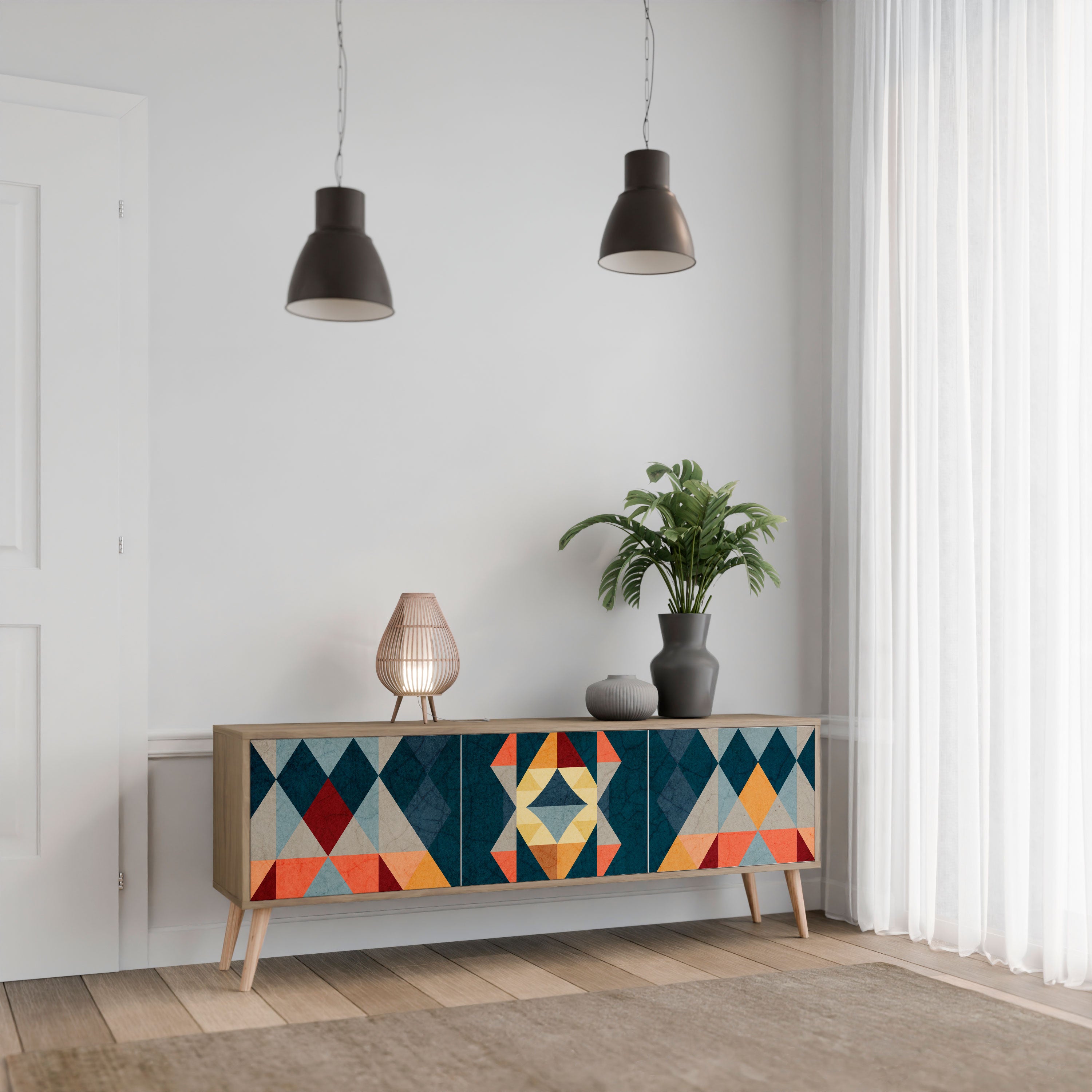 Mueble de TV de 3 puertas CRACKED ILLUSION con efecto roble