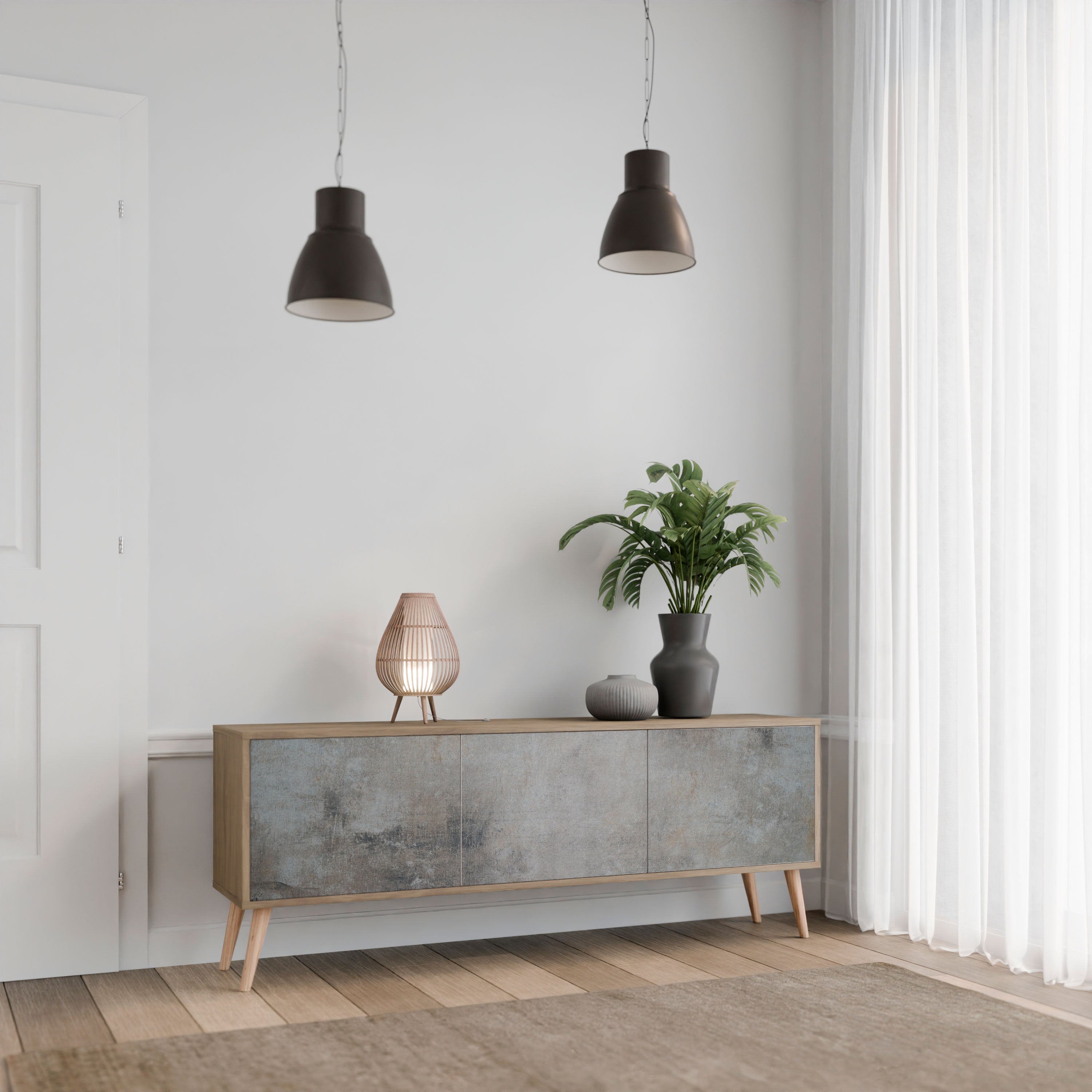 Mueble de TV de 3 puertas CONCRETE WALL con efecto roble