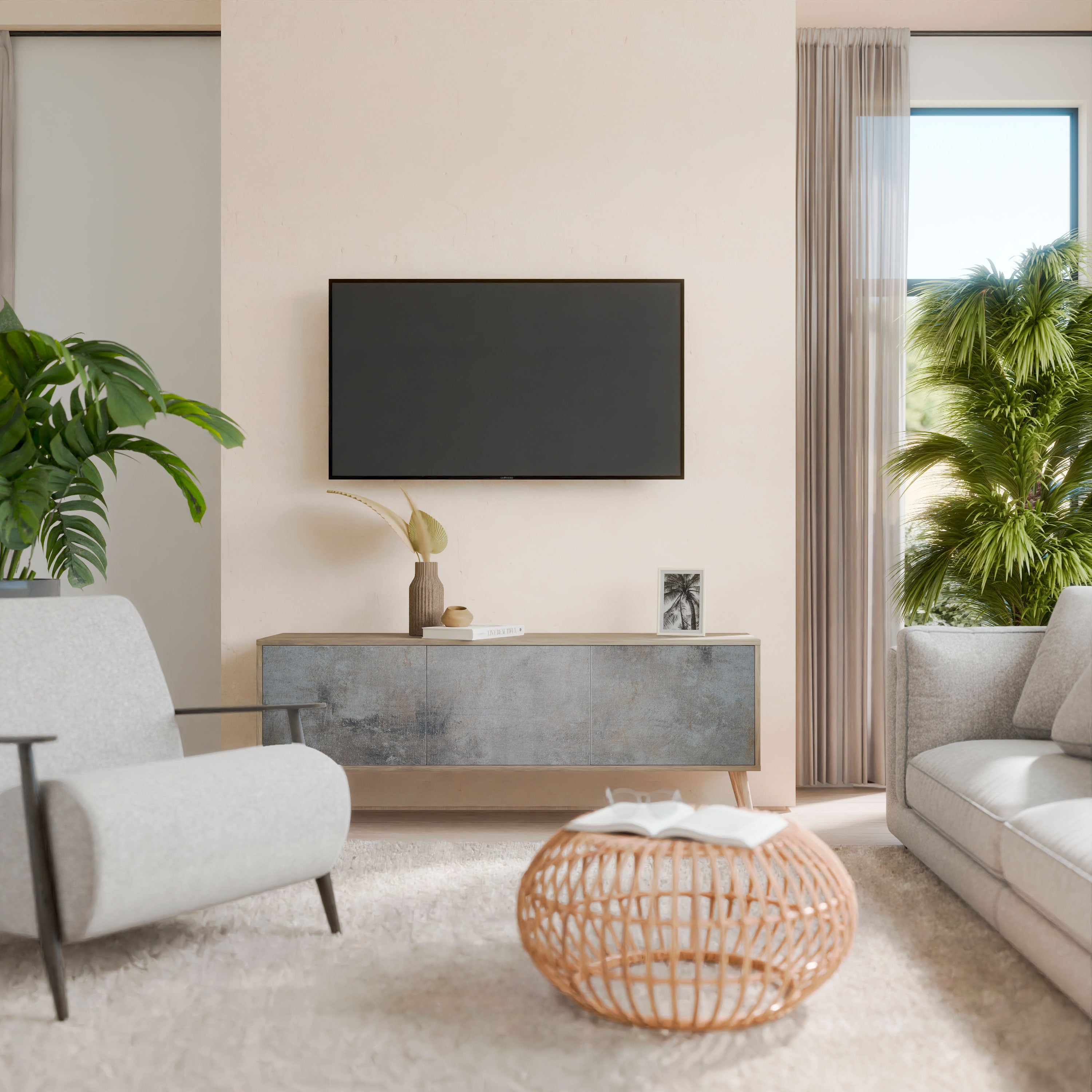 Mueble de TV de 3 puertas CONCRETE WALL con efecto roble