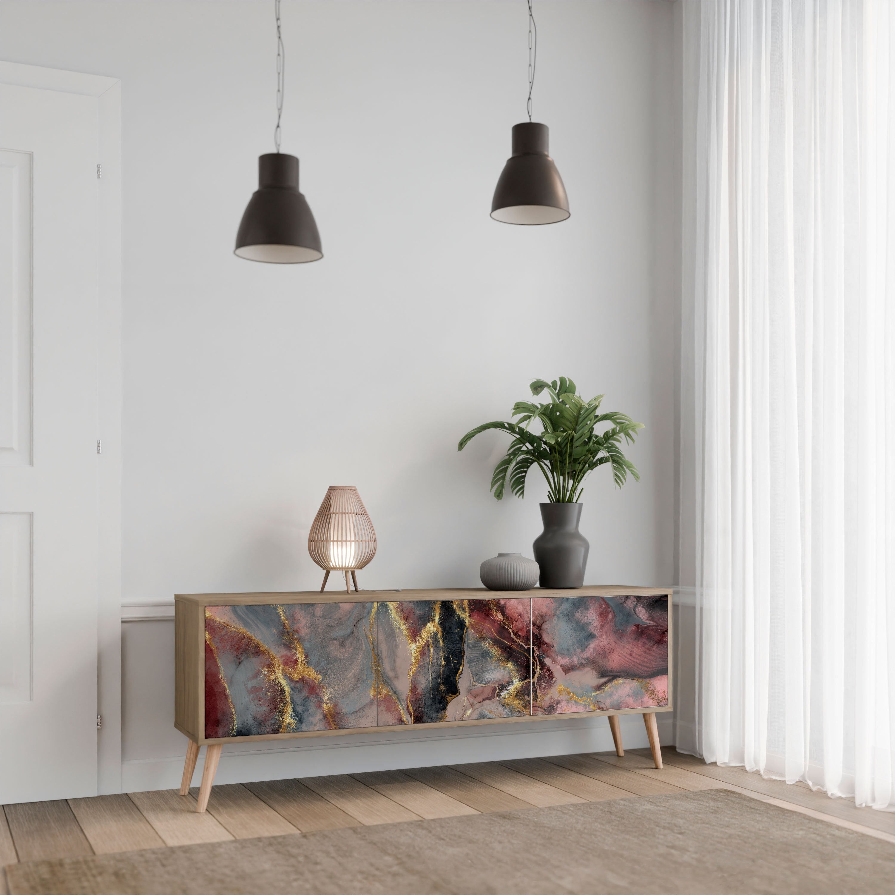 Mueble de TV de 3 puertas GOLDEN TIDES con efecto roble