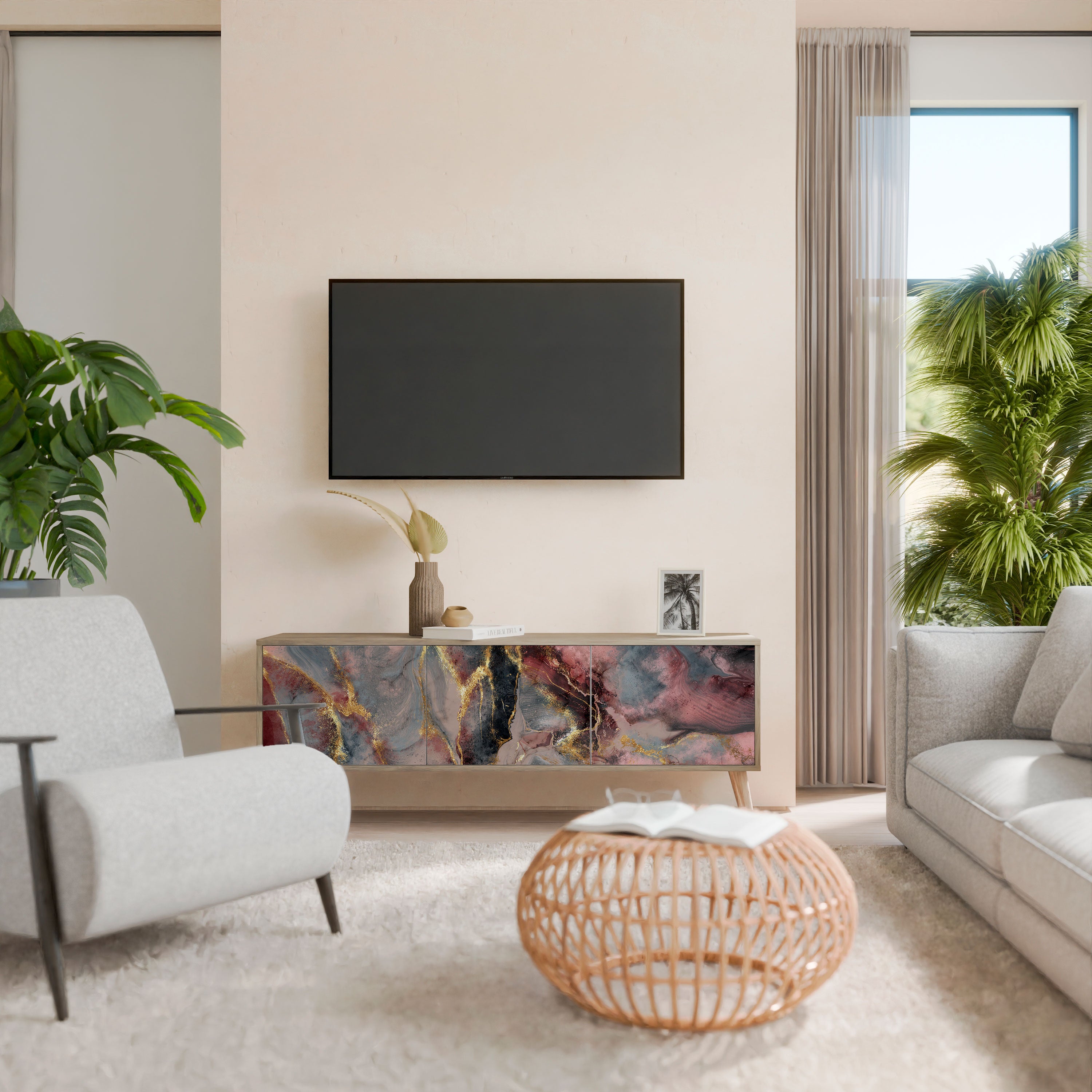 Mueble de TV de 3 puertas GOLDEN TIDES con efecto roble