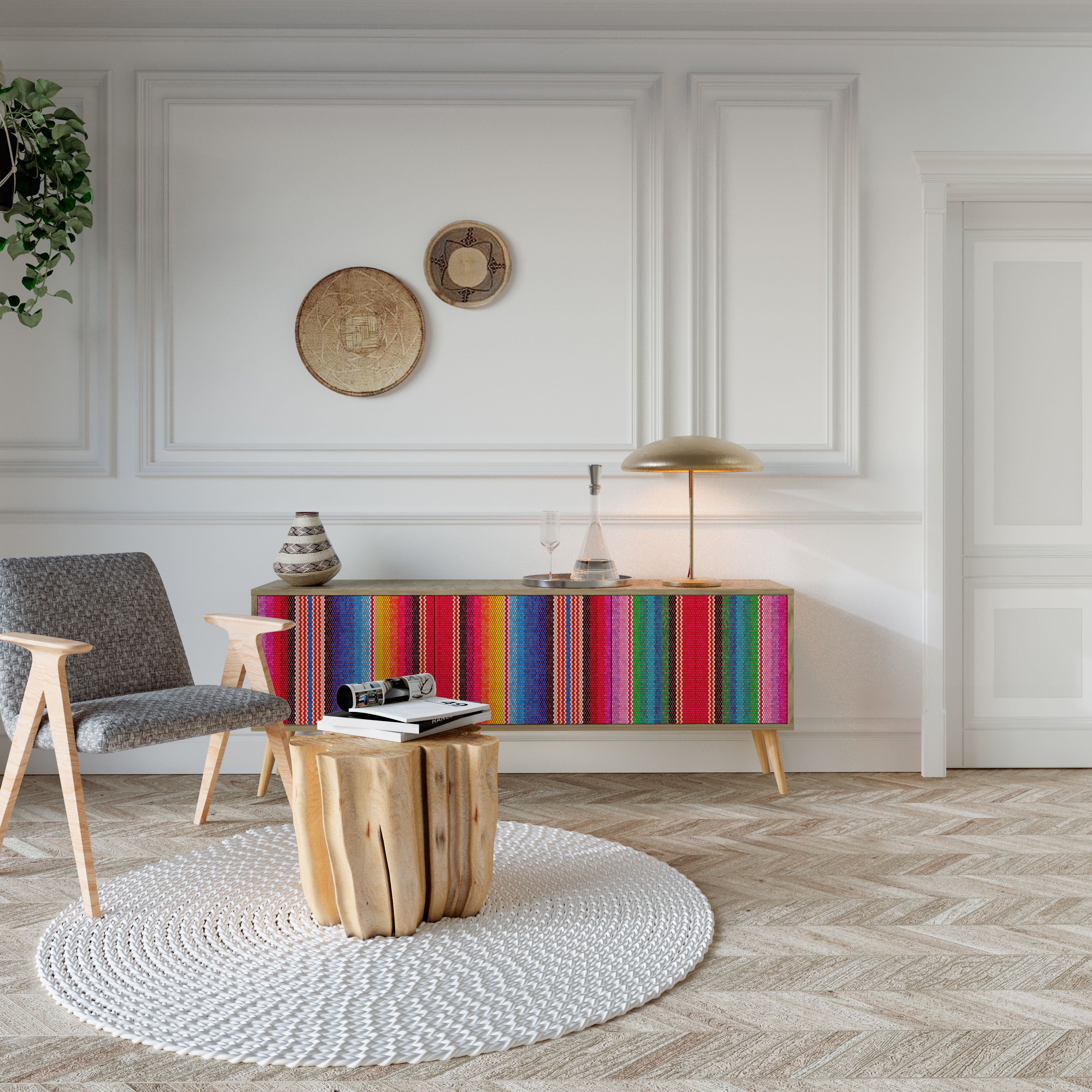 Mueble de TV ÉTNICO MEXICANO de 3 puertas con efecto roble