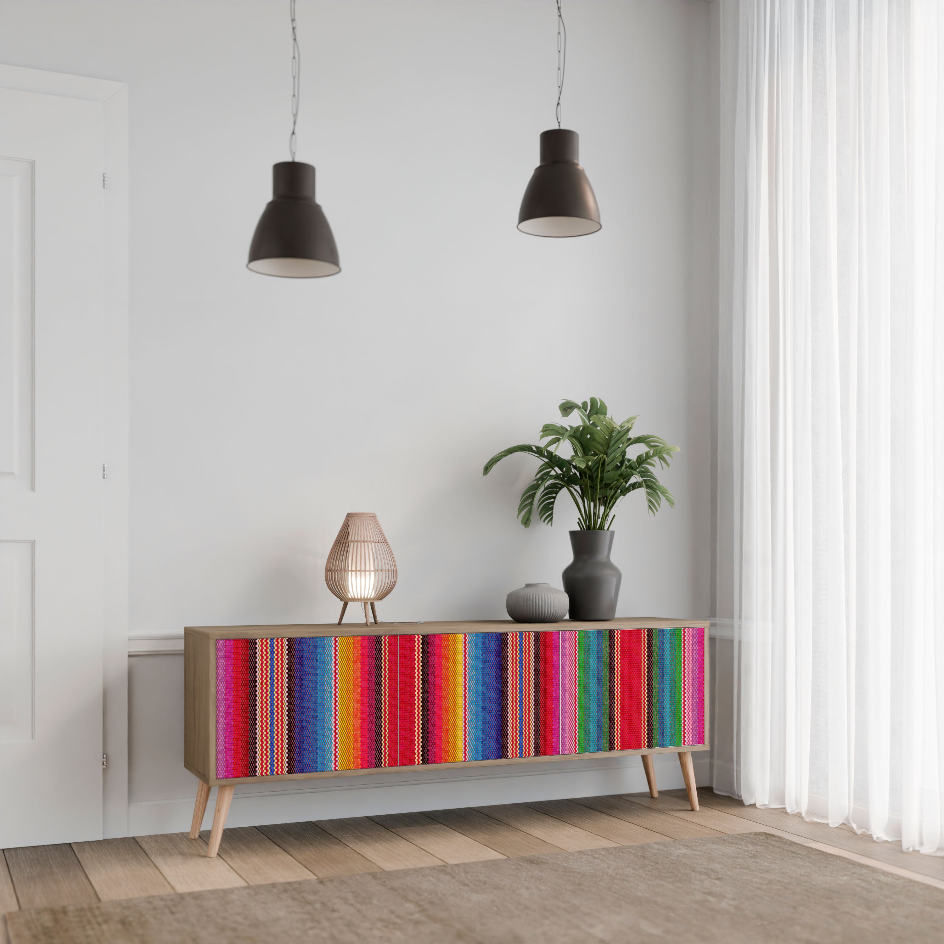 Mueble de TV ÉTNICO MEXICANO de 3 puertas con efecto roble