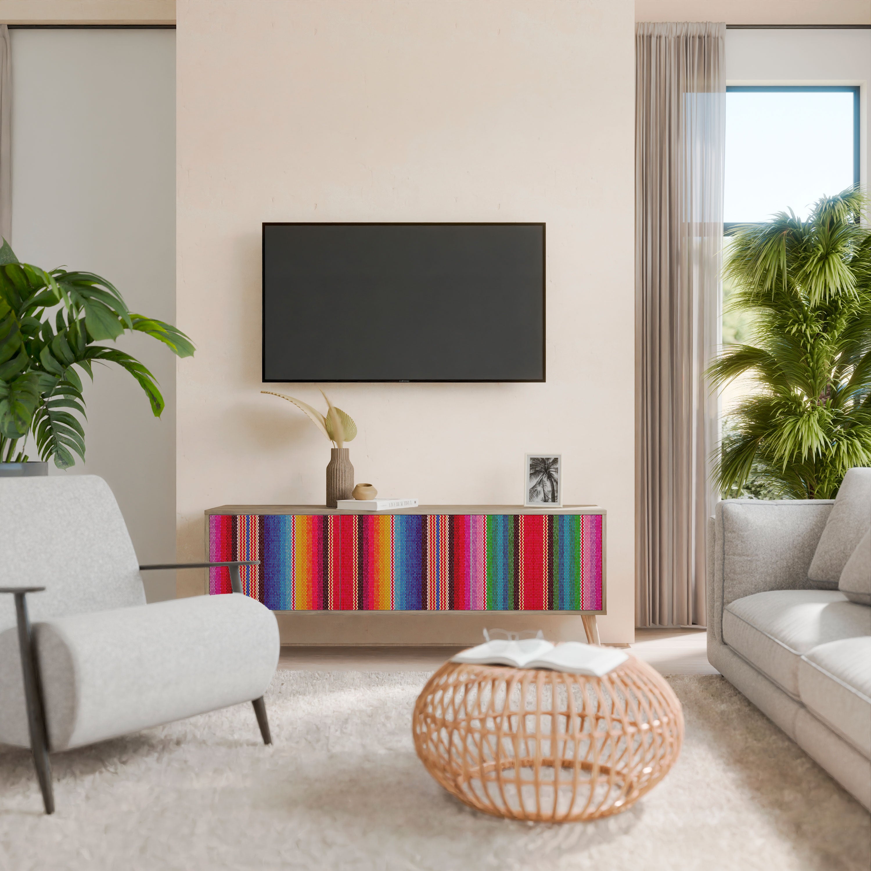 Mueble de TV ÉTNICO MEXICANO de 3 puertas con efecto roble