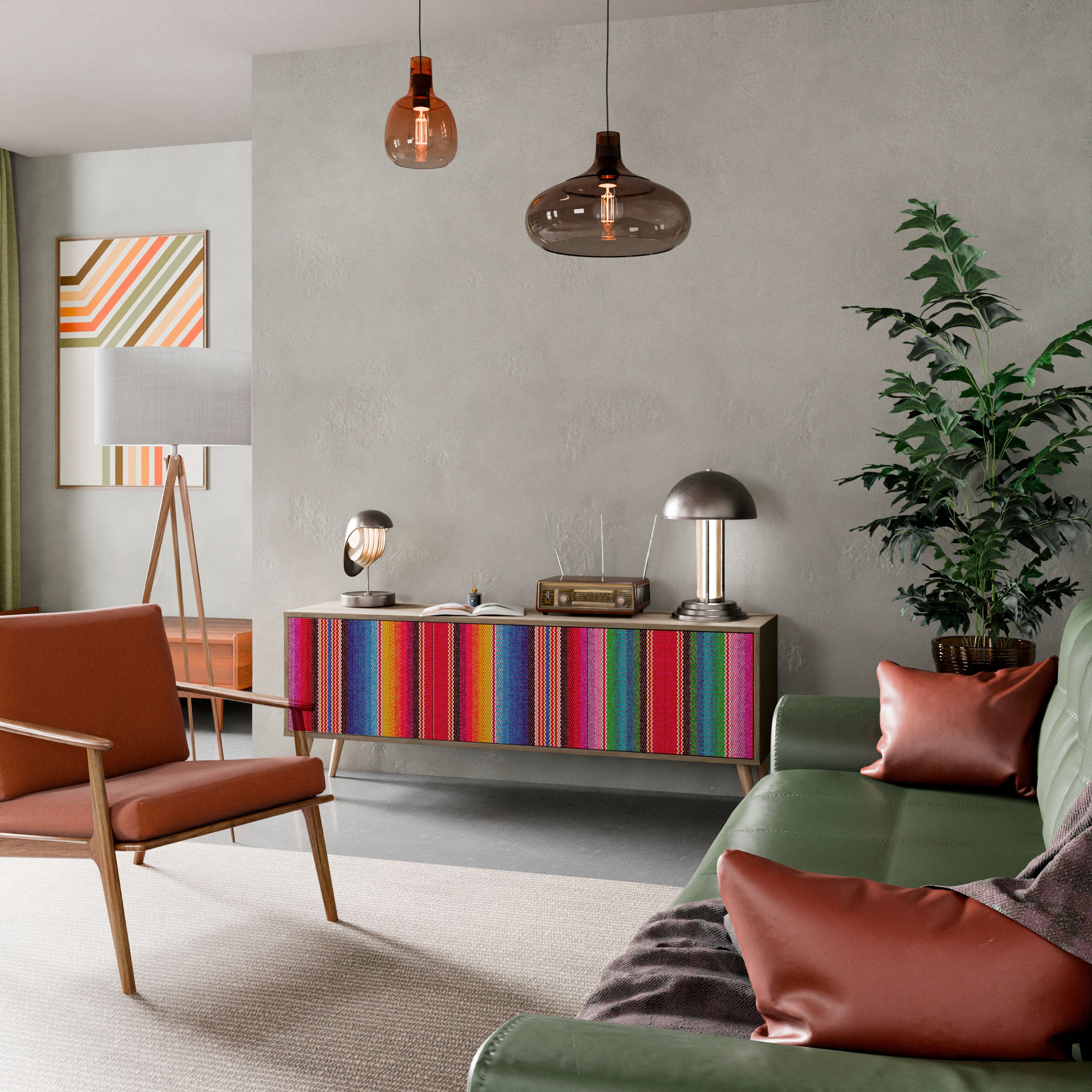 Mueble de TV ÉTNICO MEXICANO de 3 puertas con efecto roble