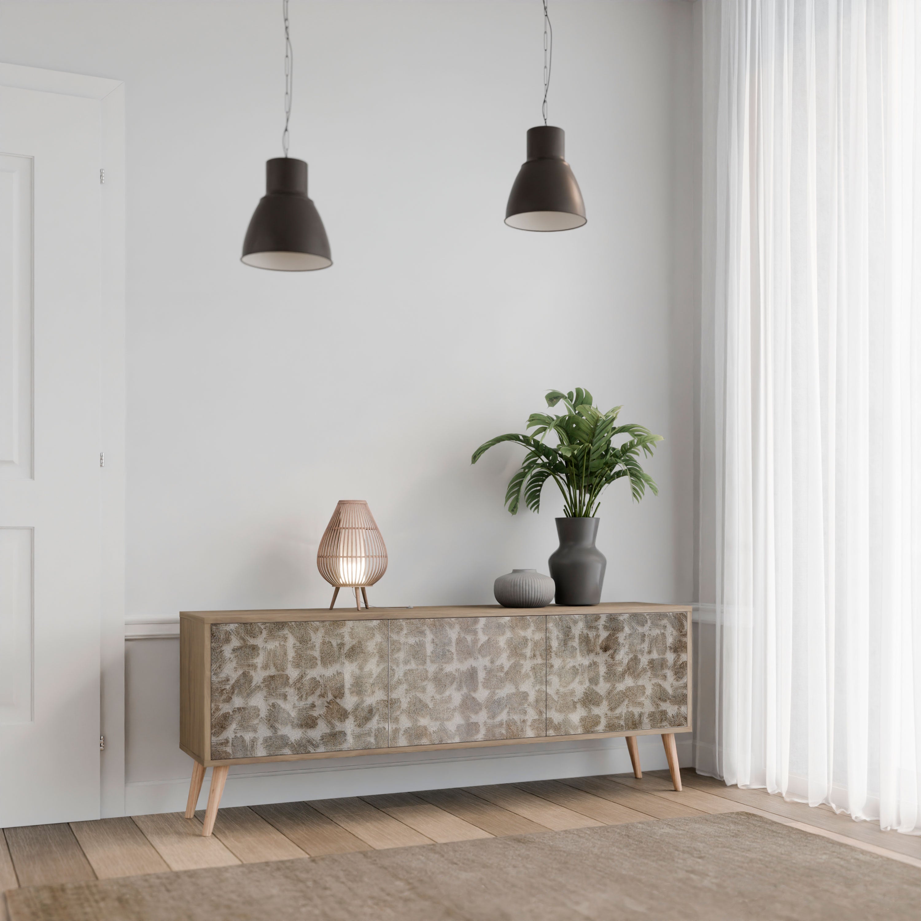 Mueble de TV de 3 puertas SLIGHTLY BLURRED con efecto roble
