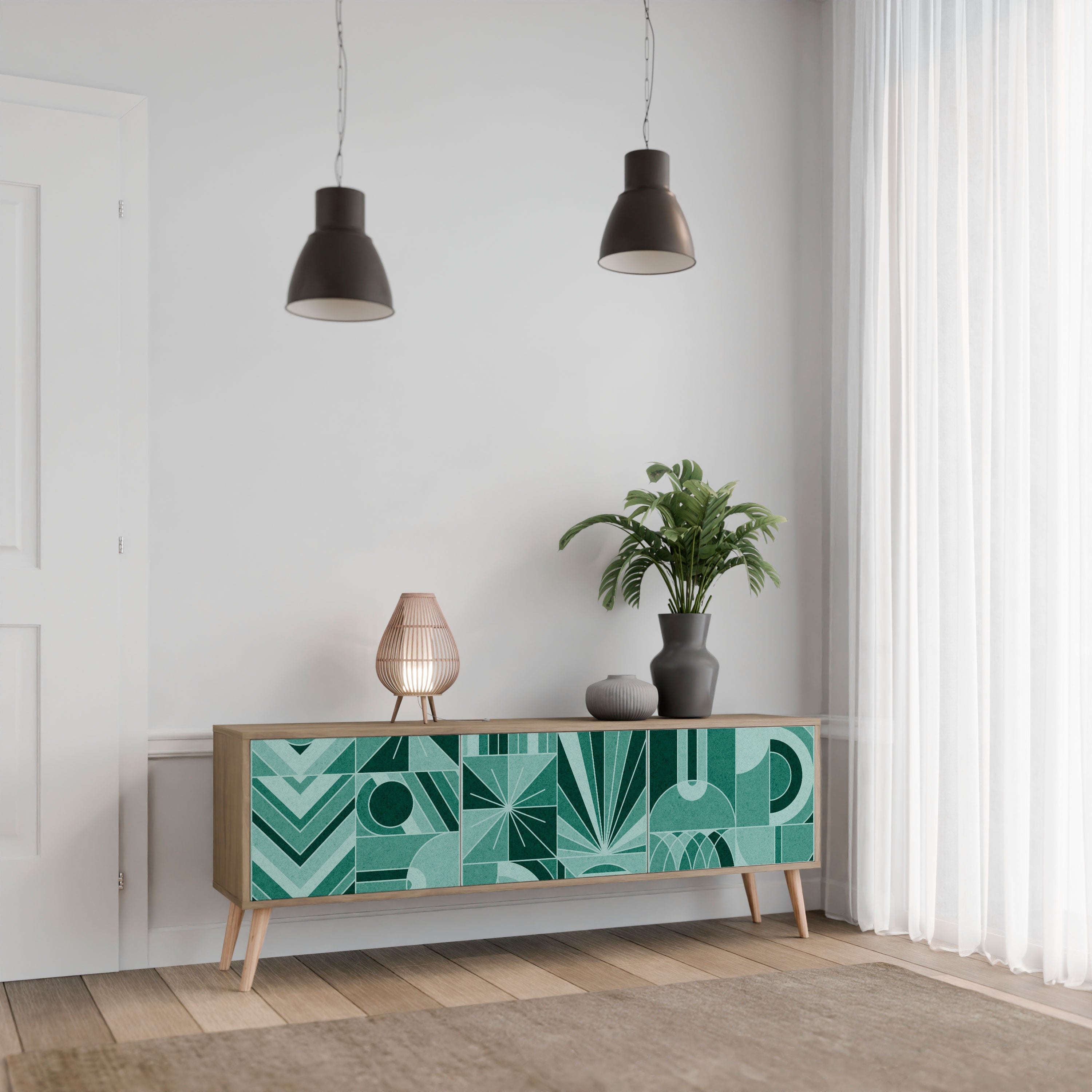 HARMONIC GRID 3-Door TV Stand in Oak Effect