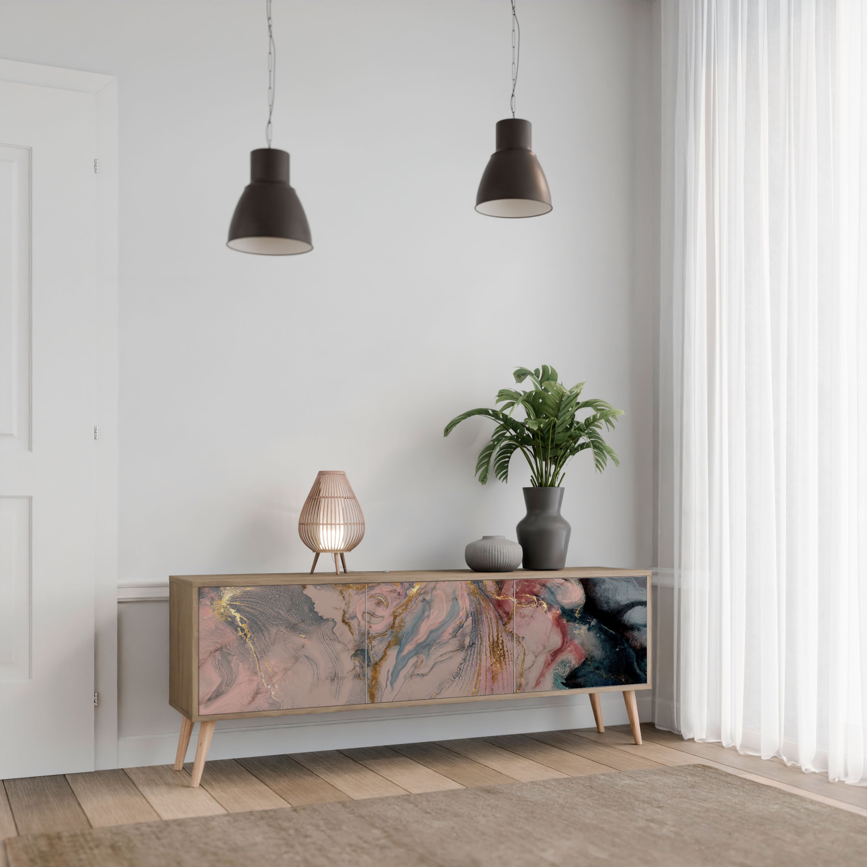 GILDED SWIRLS 3-Door TV Stand in Oak Effect