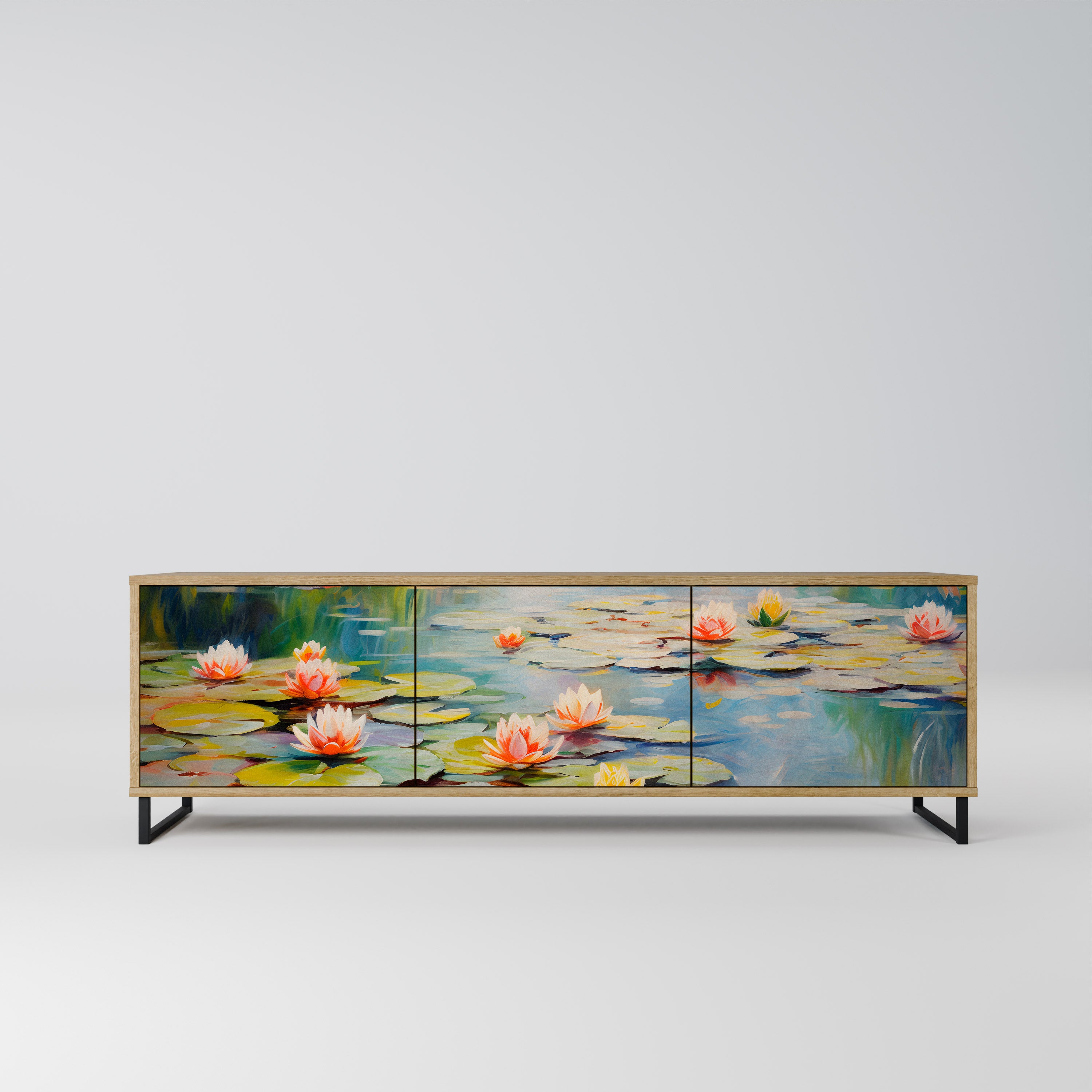 BLOOMING WATERS 3-Door TV Stand in Oak Effect