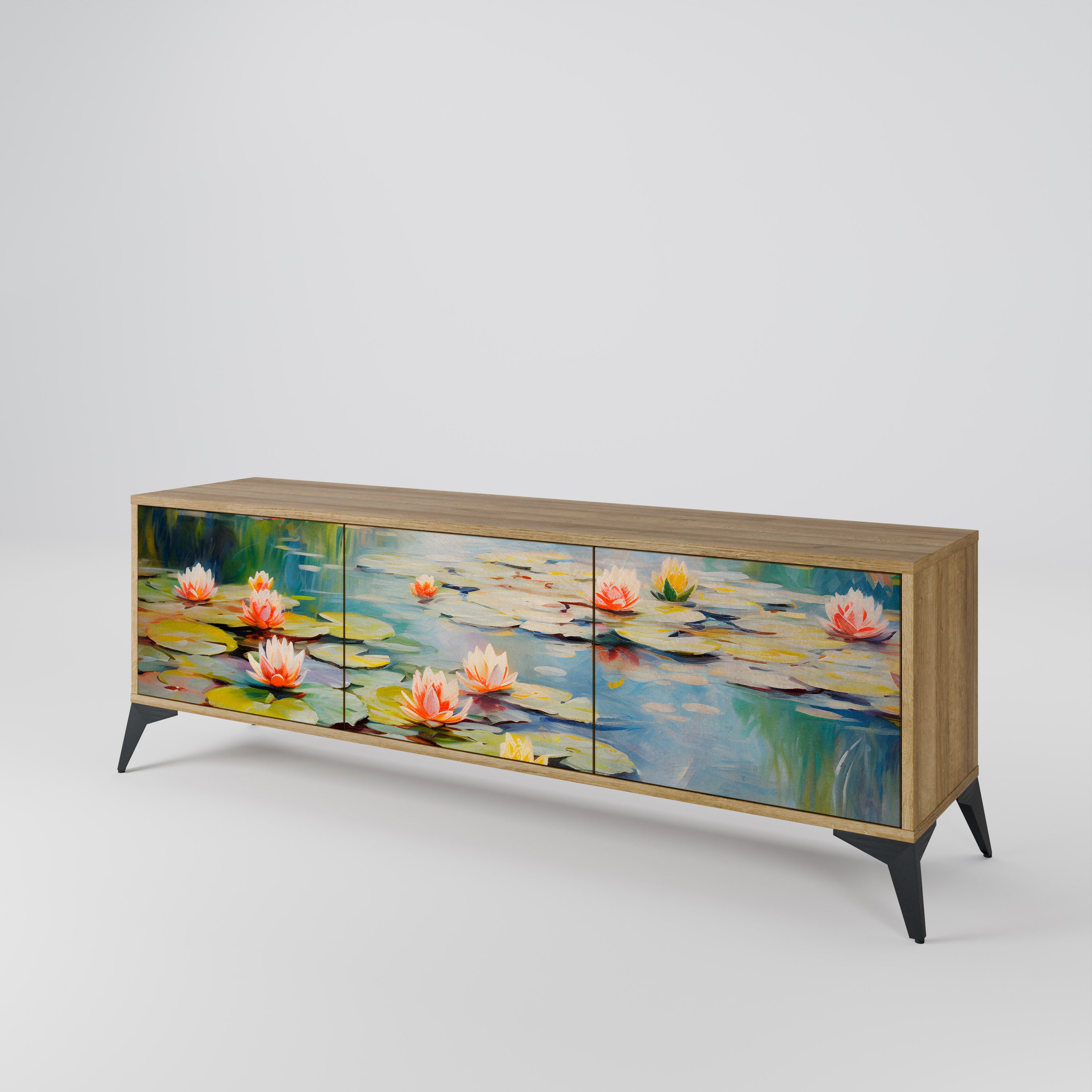 BLOOMING WATERS 3-Door TV Stand in Oak Effect