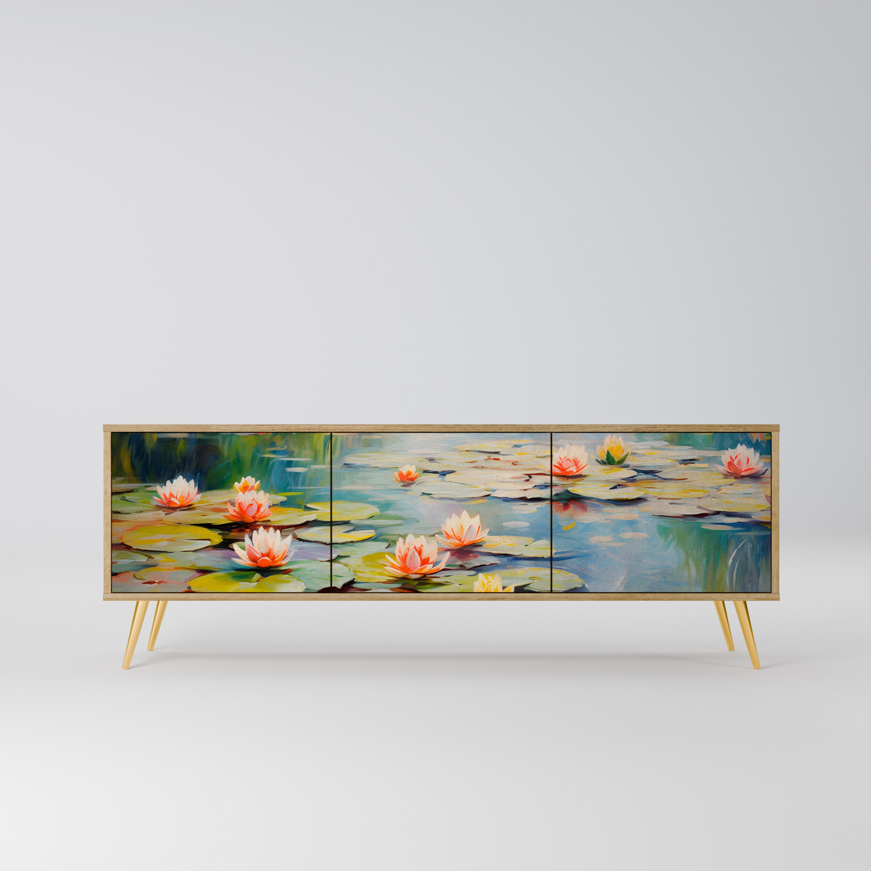 BLOOMING WATERS 3-Door TV Stand in Oak Effect