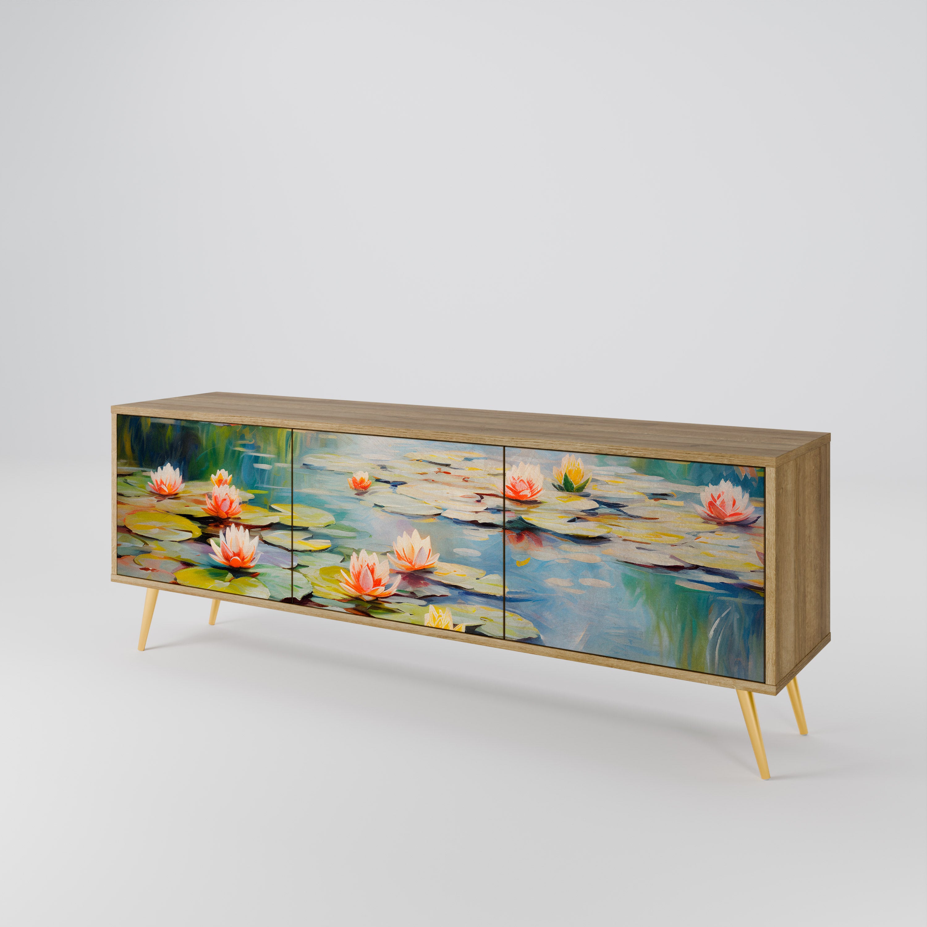 BLOOMING WATERS 3-Door TV Stand in Oak Effect