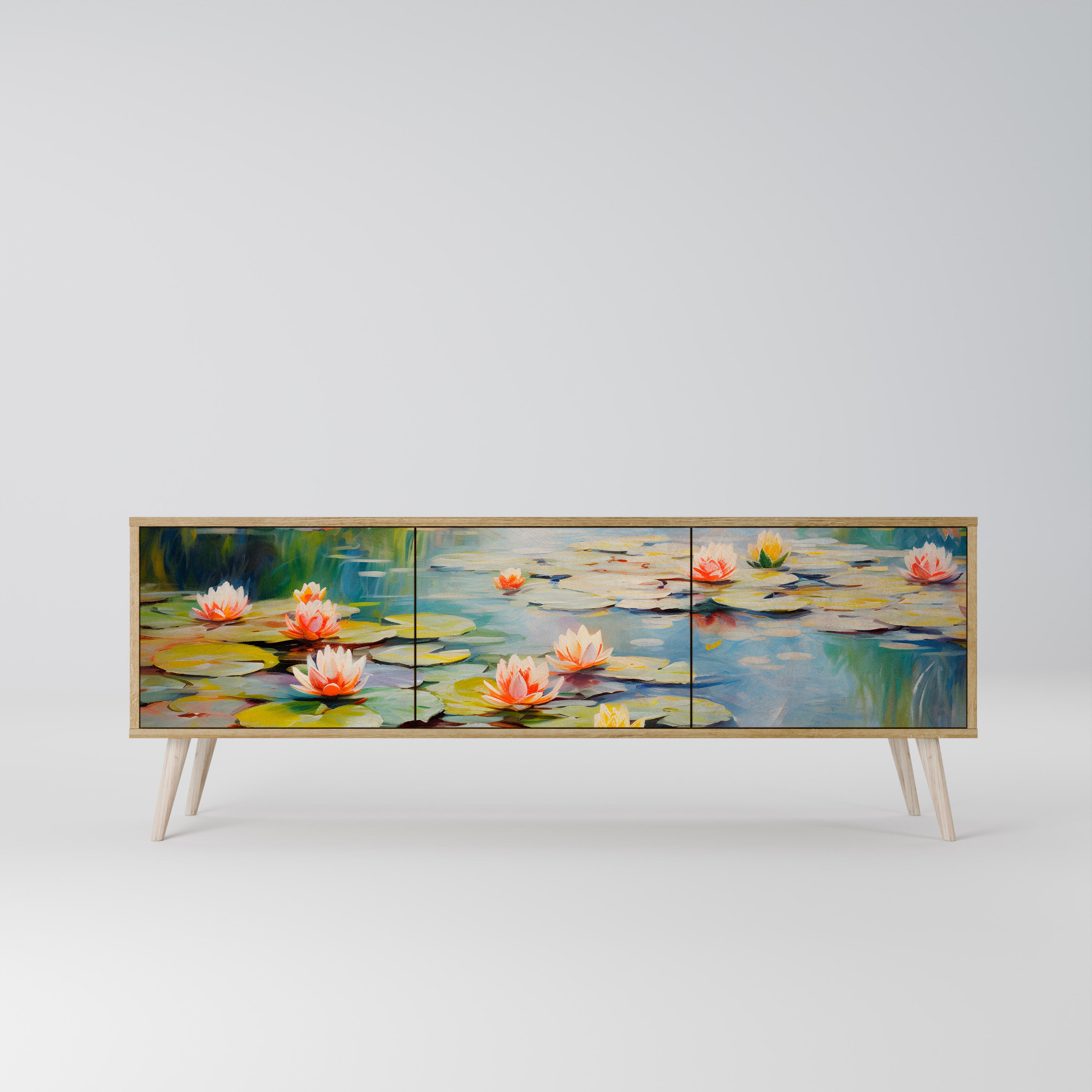 BLOOMING WATERS 3-Door TV Stand in Oak Effect