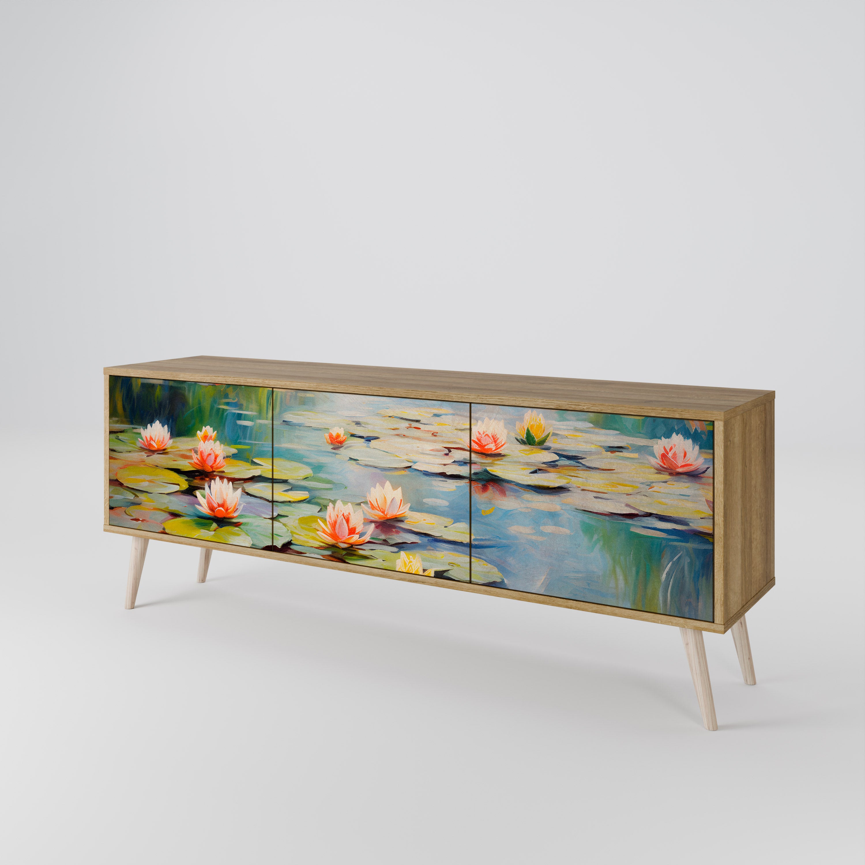 BLOOMING WATERS 3-Door TV Stand in Oak Effect