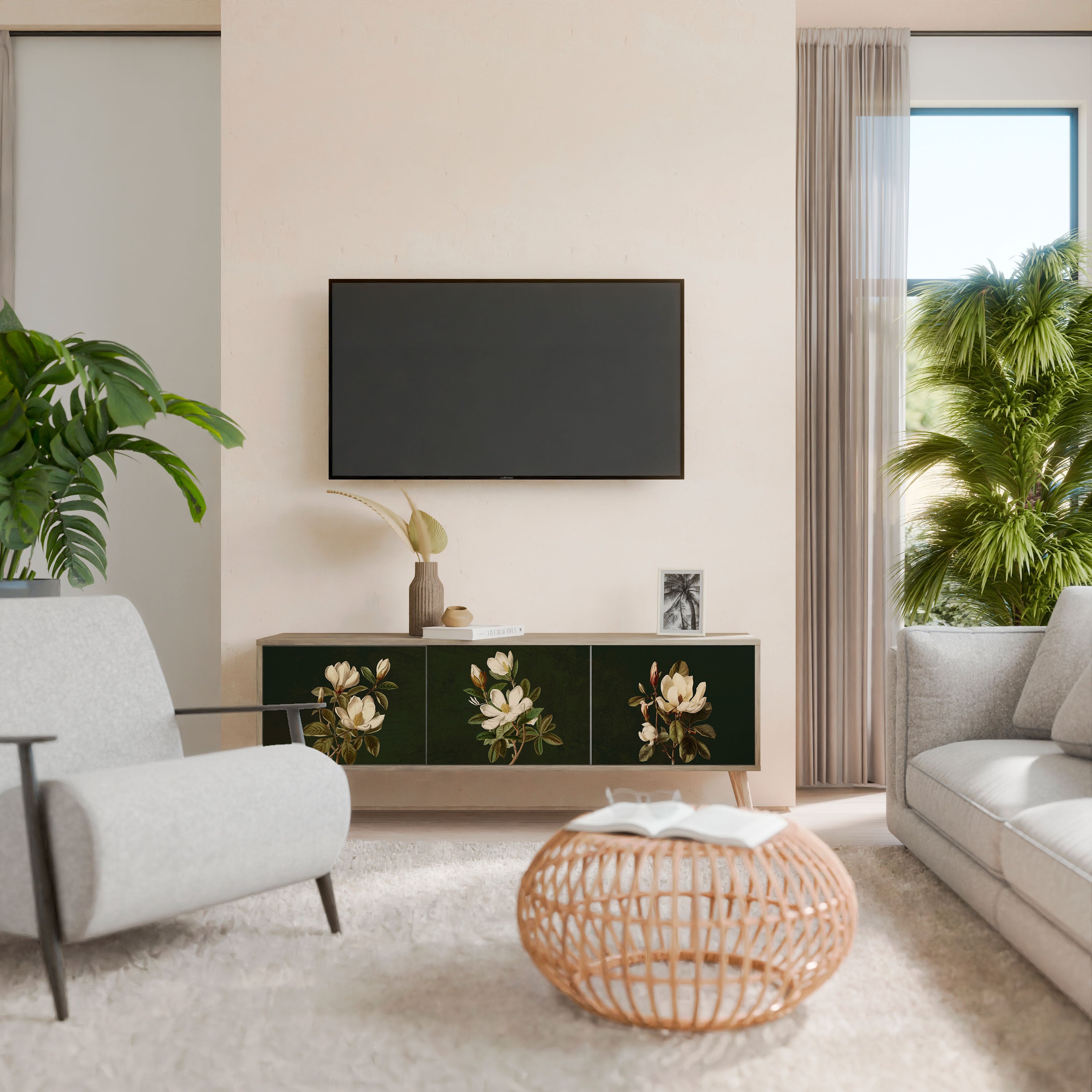 FLORAL NOIR 3-Door TV Stand in Oak Effect