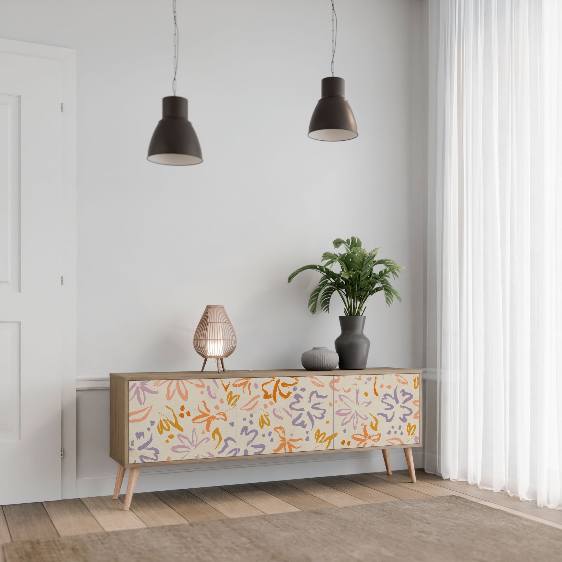 SPRING WHIMSY 3-Door TV Stand in Oak Effect