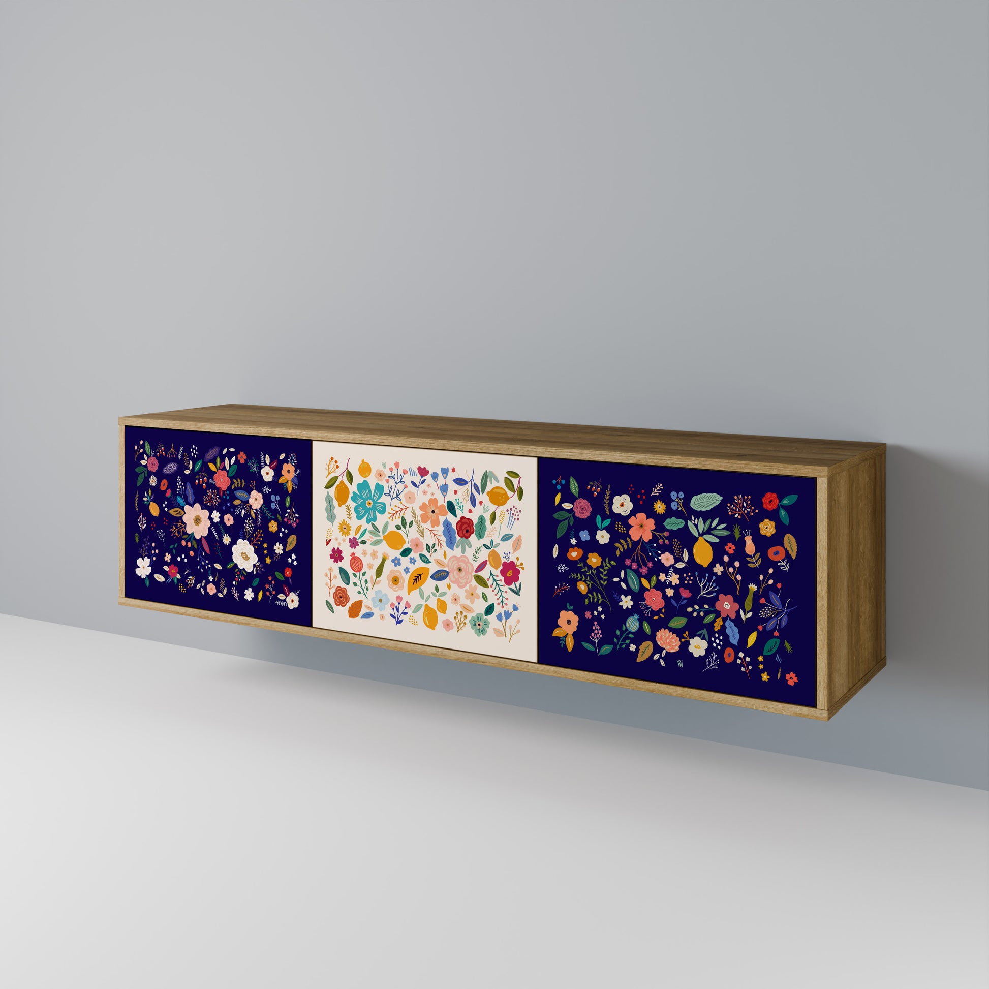 FLORAL COMBINATION 3-Door TV Stand in Oak Effect