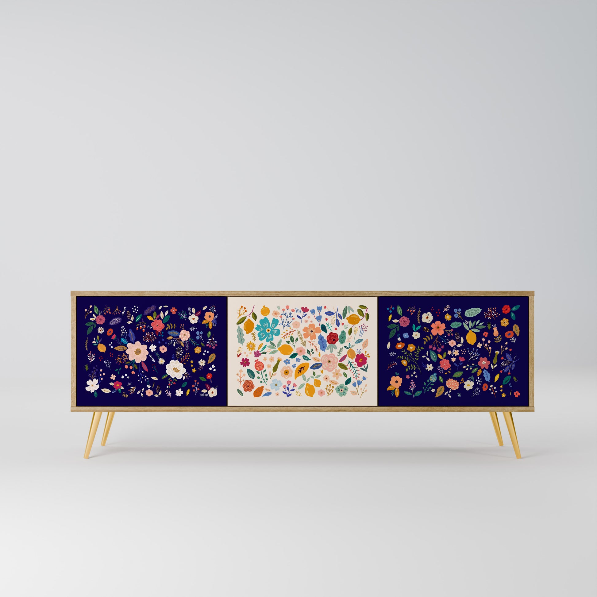 FLORAL COMBINATION 3-Door TV Stand in Oak Effect