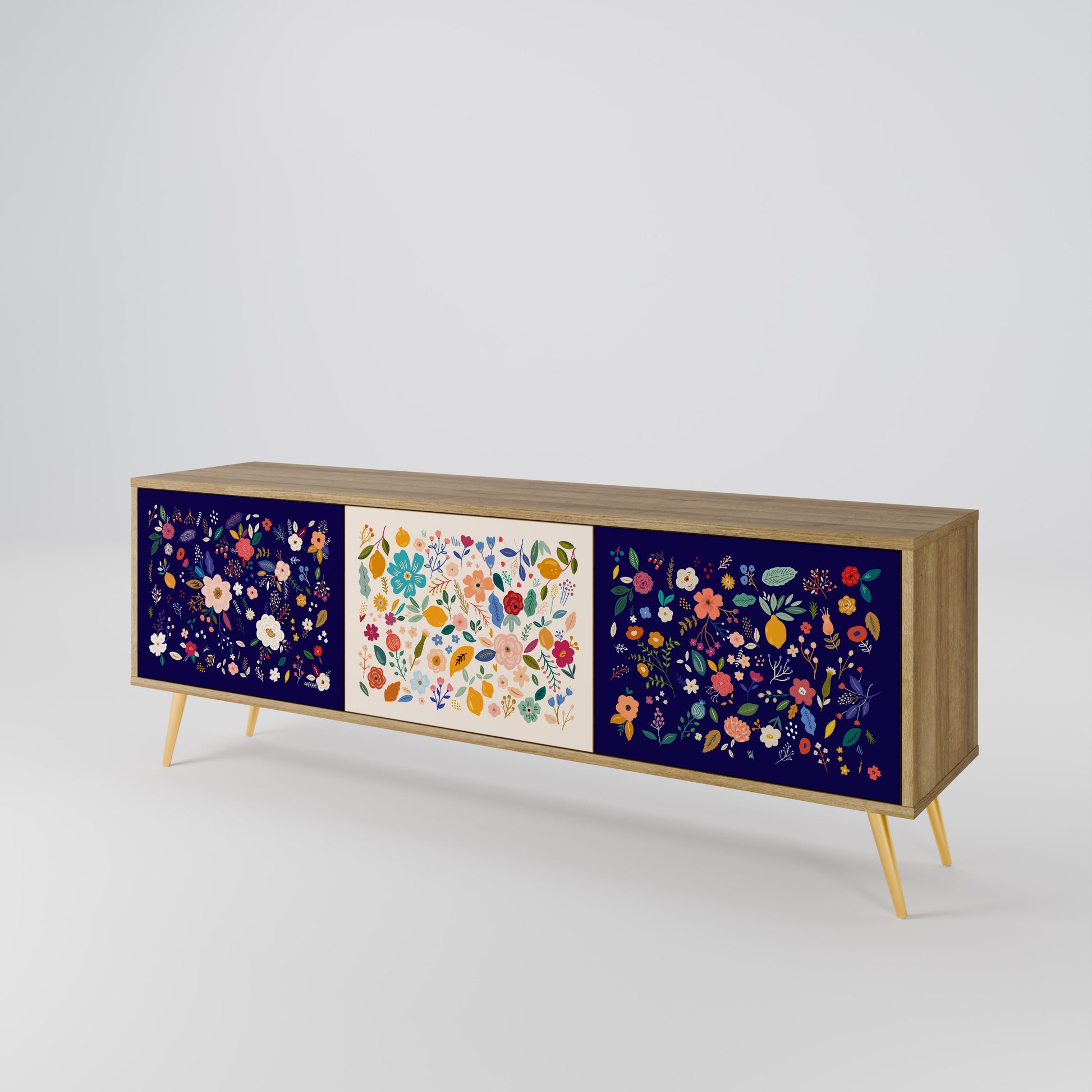 FLORAL COMBINATION 3-Door TV Stand in Oak Effect